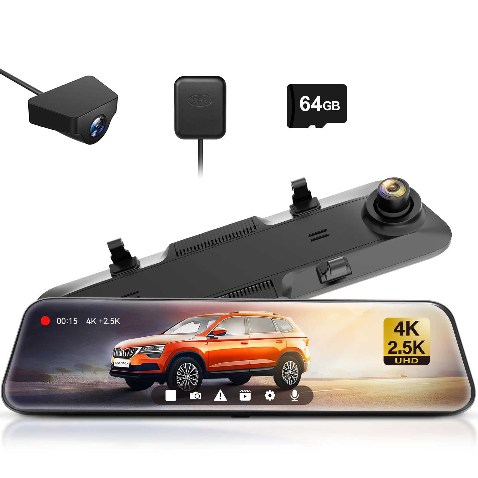 دوربین آینه عقب ویدئویی WOLFBOX: دوربین داش آینه جلو و عقب 4K+2.5K برای خودرو با صفحه لمسی 12 اینچی، دید در شب، سنسور G، کمک پارکینگ، کارت 64GB و GPS گنجانده شده