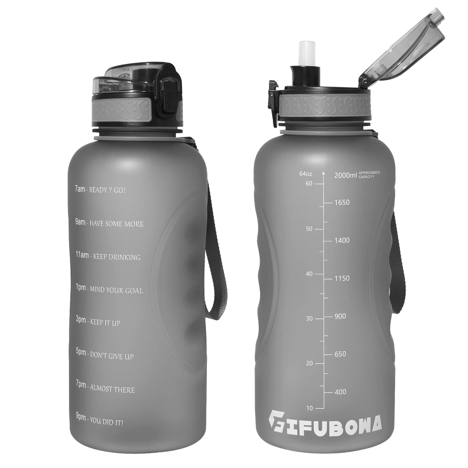بطری آب تغذیه‌ای GIFUBOWA 2L با نشانگر زمان 64 اونس  بدون BPA ، ظرف بزرگ و ضد نشت، جاگری اسپرت خاکستری (1 بسته)