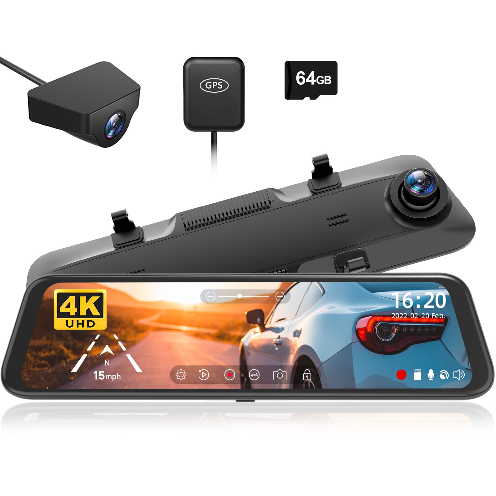 ویدیوئورم WOLFBOX 12 اینچ 4K دوربین عقب آینه، مانیتور لمسی پرده دوربین هوشمند جلو و عقب، دوربین پشتیبان با دوربین 1080P عقب، دوربین پیشرفته با دوربین WDR، دوربین شب، کارت 64GB و GPS اضافی