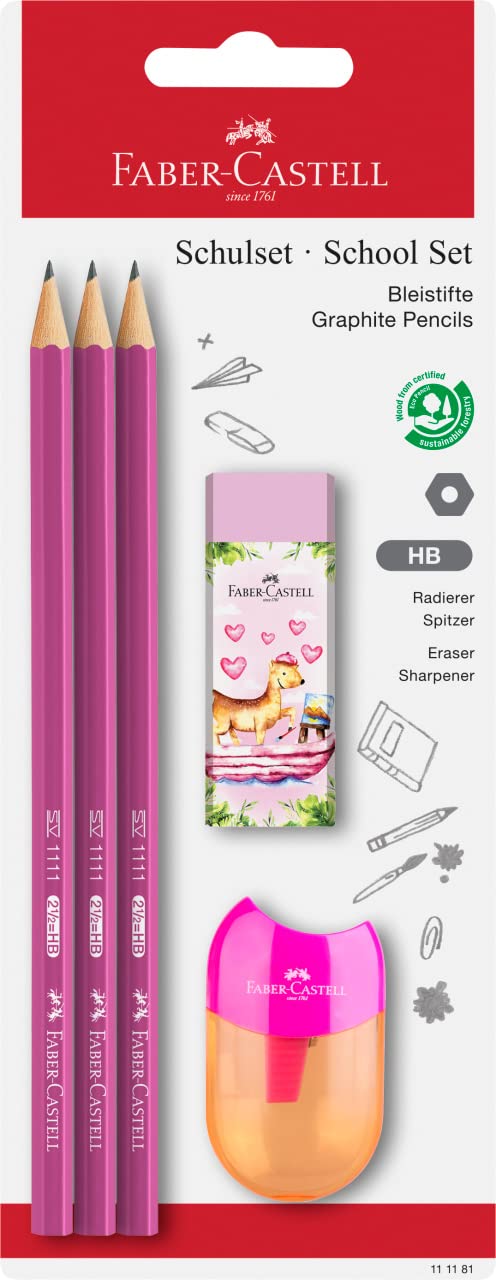 مجموعه مدرسه مداد گرافیت ۳ عدد Faber-Castell، پاک کن خوکچه‌های خوشحال ۱ عدد و جعبه تیزکن با کیفیت ۱ عدد - HB - رنگ تصادفی مداد هنگام خرید