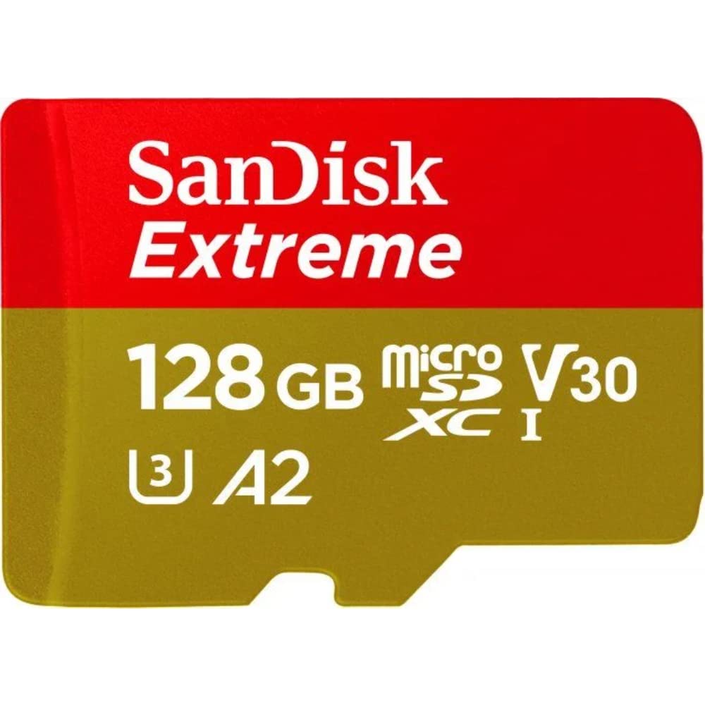 کارت حافظه SanDisk Extreme microSD UHS-I با ظرفیت 128GB برای ویدیوهای 4K در گوشی‌های هوشمند، دوربین‌های اکشن و پهپادها با سرعت خواندن 190 مگابایت بر ثانیه و نوشتن 90 مگابایت بر ثانیه، SDSQXAA 128G GN6MN، قرمز/طلایی