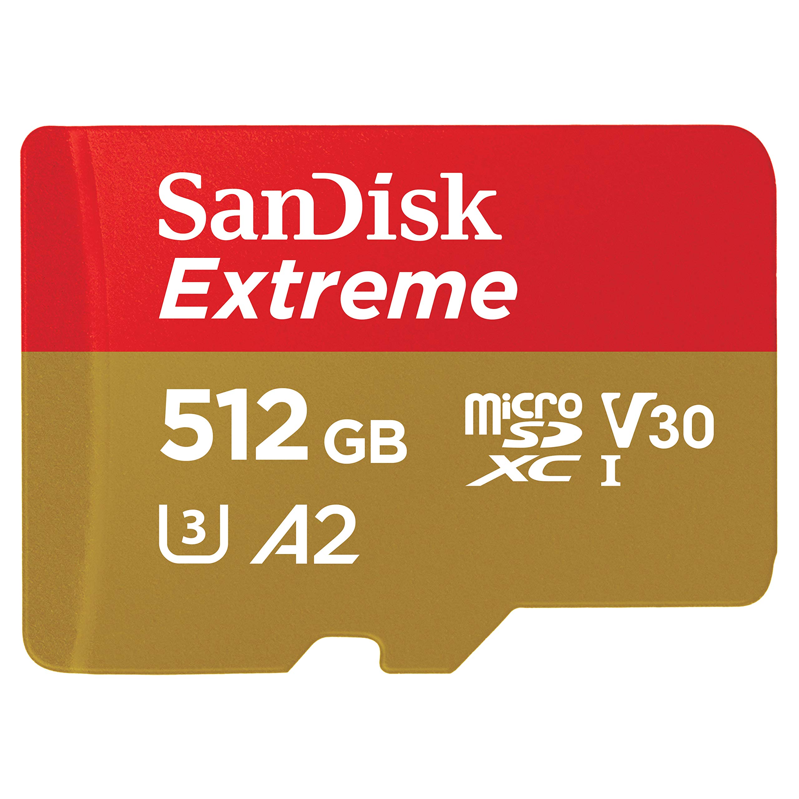 کارت حافظه SanDisk 512GB Extreme microSD UHS-I برای فیلم‌برداری 4K روی گوشی‌های هوشمند، دوربین‌های اکشن و پهپادها با سرعت خواندن 190MB/s و نوشتن 130MB/s، مدل SDSQXAV 512G GN6MN، قرمز/طلایی