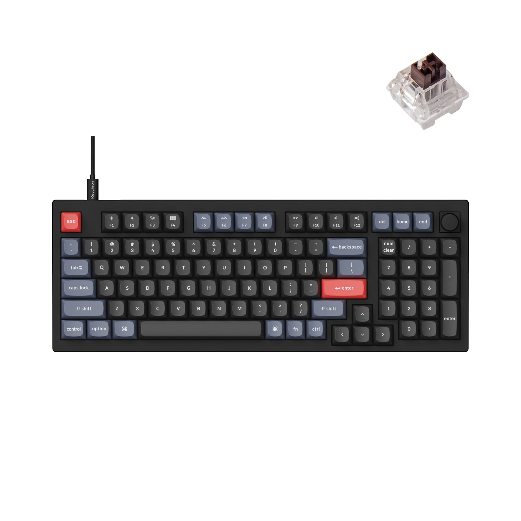 کیبرد مکانیکی سفارشی سیمی Keychron V5 نسخه با دسته چرخ دار، طرح 96٪ QMK/VIA قابل برنامه‌ریزی با کلیدهای قابل تعویض Keychron K Pro Brown سازگار با مک، ویندوز و لینوکس، رنگ سیاه (غیرشفاف)، کلیدهای قابل تعویض Keychron K Pro Brown