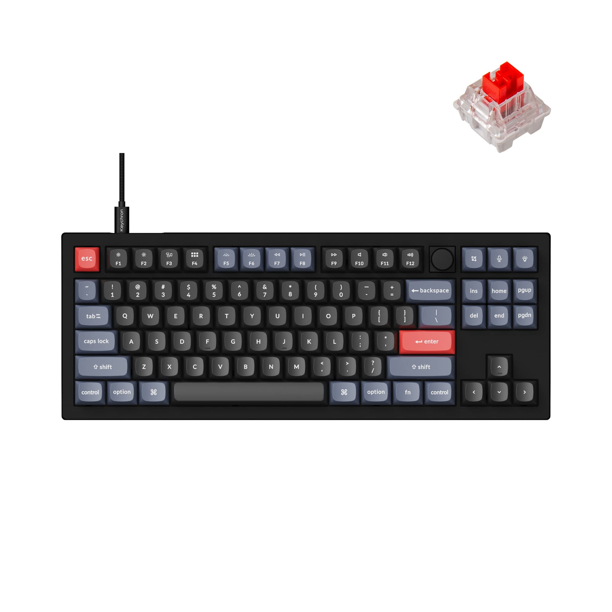 صفحه کلید مکانیکی سفارشی Keychron V3 Wired Custom Mechanical Keyboard Knob Version، TKL QMK/VIA Programmable Macro با Keychron K Pro Red Switch قابل تعویض گرم‌شو Keychron K Pro Red Switch، سازگار با مک، ویندوز، لینوکس، رنگ کربن سیاه (غیر شفاف)