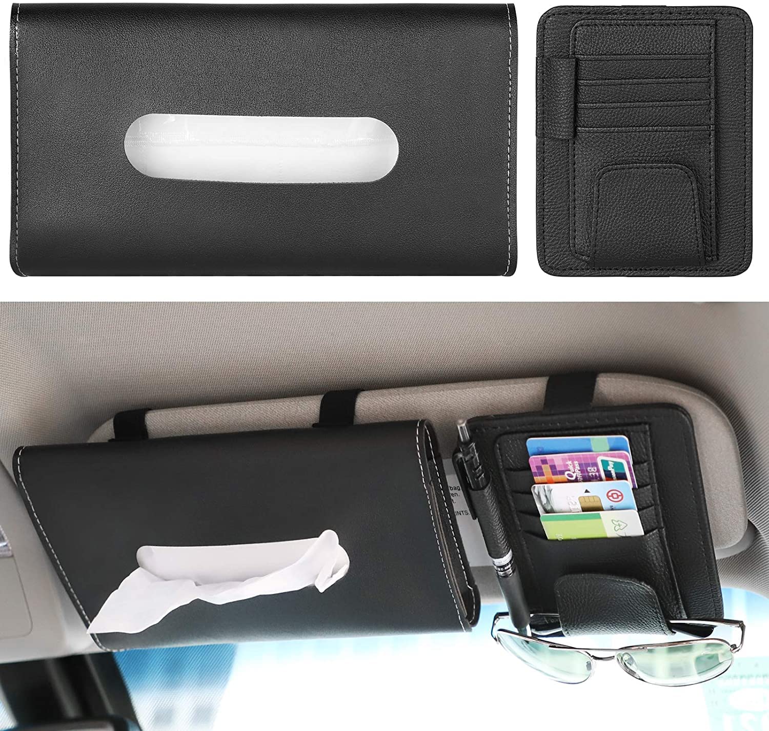 سازماندهی کننده دستمال ماشین ZeeSquare Car Tissue Holder (سیاه) - جعبه دستمال چرمی PU کوچک برای نور آفتابی، پشت صندلی یا داشبورد ماشین - لوازم جانبی ماشین جعبه داخلی دستمال