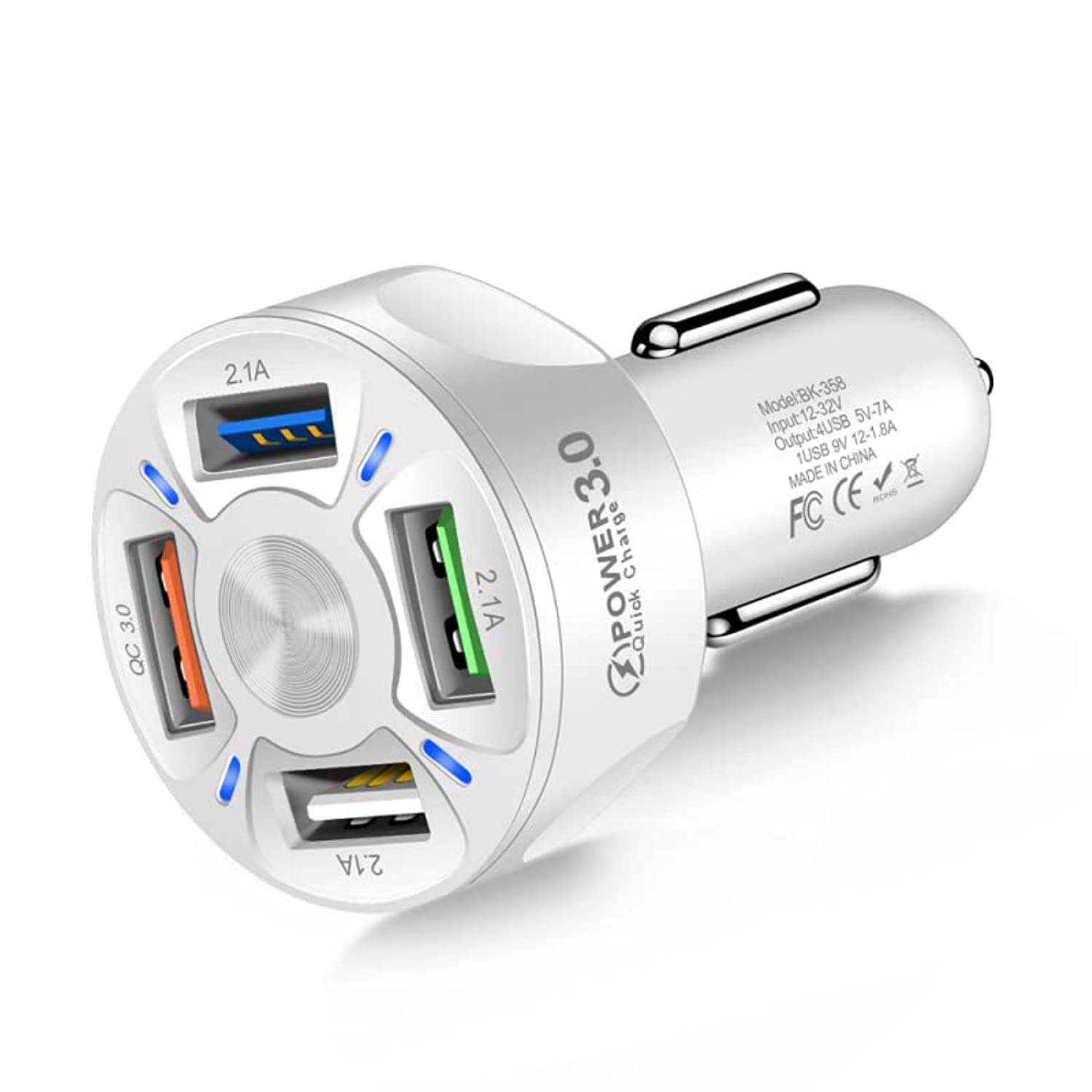 شارژر خودروی 4 پورت USB Gzar با چراغ LED، شارژ سریع Type C/PD 20 وات/QC 3.0، شارژ سریع آداپتور شارژ سیگاری برای آیفون 14 13 12 اس 22 اس 21 اس 20 آیپد پرو و محصولات دیگر (سفید)