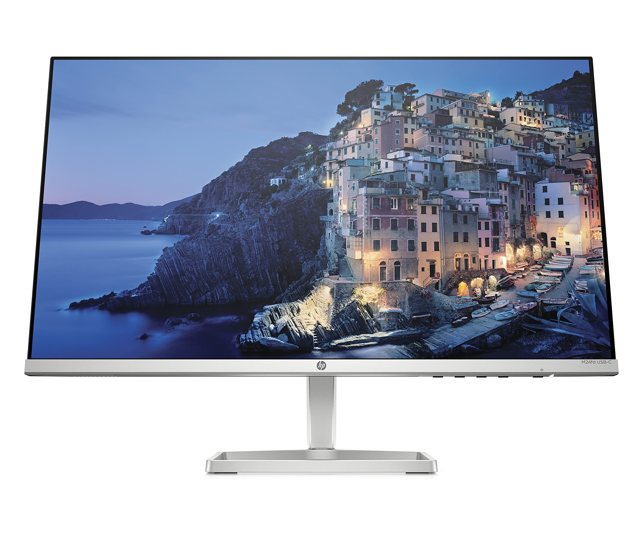 مانیتور HP M24Fd Usb C، 23.8 اینچ FHD، 300 نیت، فناوری AMD FreeSync، رنگ نقره ای 474U1As نسخه امارات 24 اینچ است.