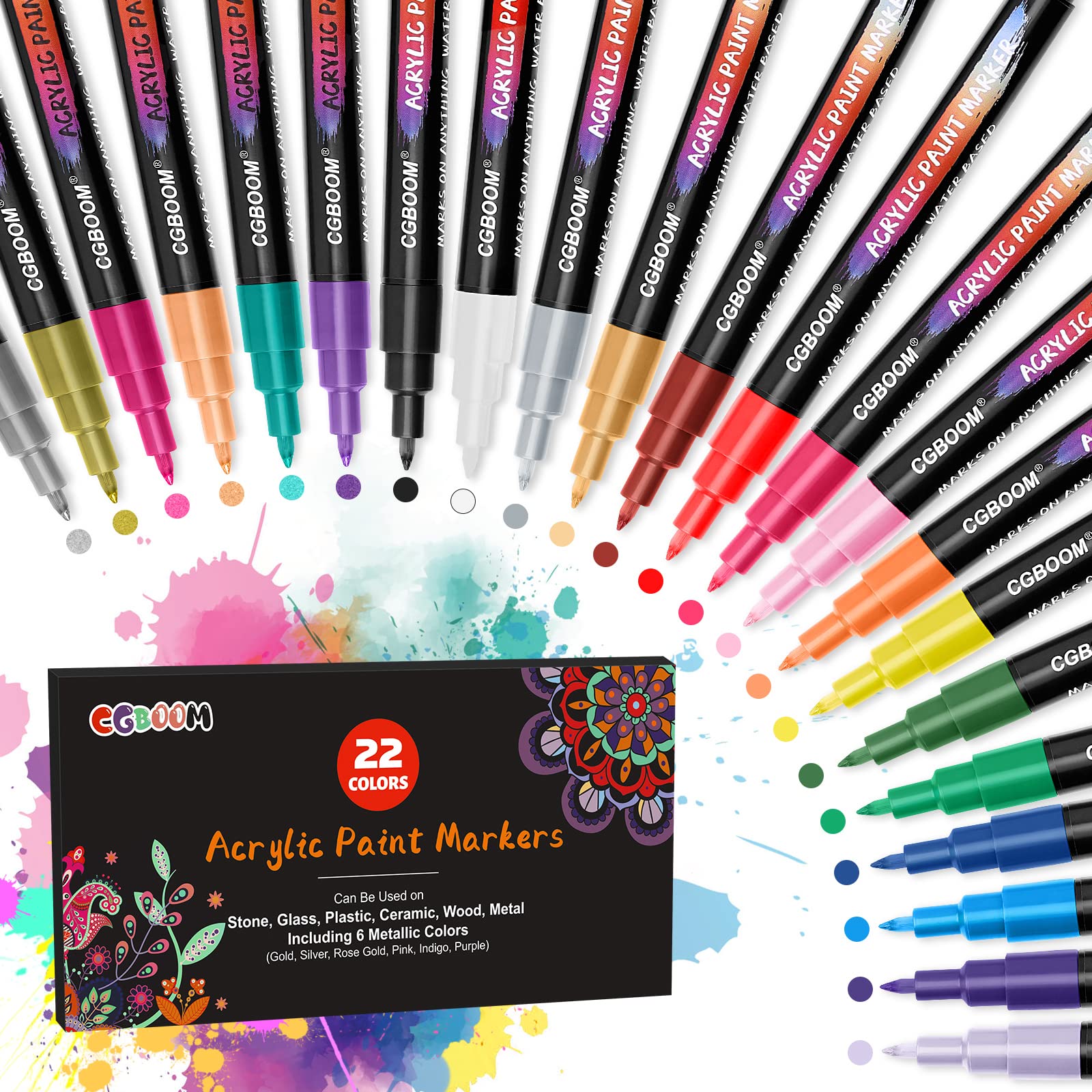 CGBOOM Multimarker, 22 قلم اکریلیک رنگی برای سنگ‌ها، قلم‌های ضدآب، سنگ‌ها برای نقاشی، خط‌کش رنگی، نقاشی با مارکر اکریلیک، قلم اکریلیک برای سنگ‌ها، چوب
