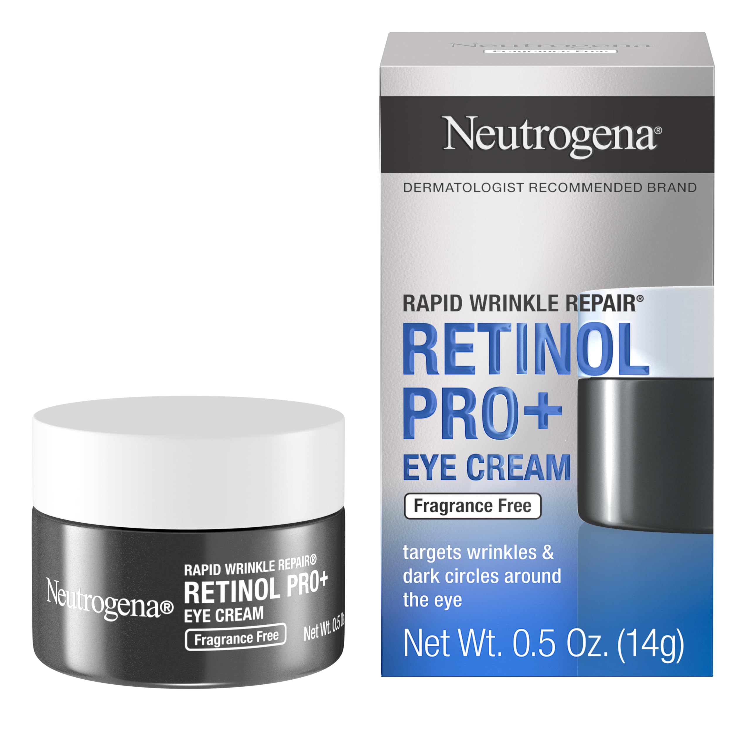 کرم چشم ضد چروک Neutrogena Rapid Wrinkle Repair Retinol Pro+، کرم چشم مخصوص برای چروک‌ها و حلقه‌های تیره، بدون استفاده از عطر، رنگ‌های مصنوعی، فتالات و پارابن‌ها، 0.5 اونس، رنگ آبی