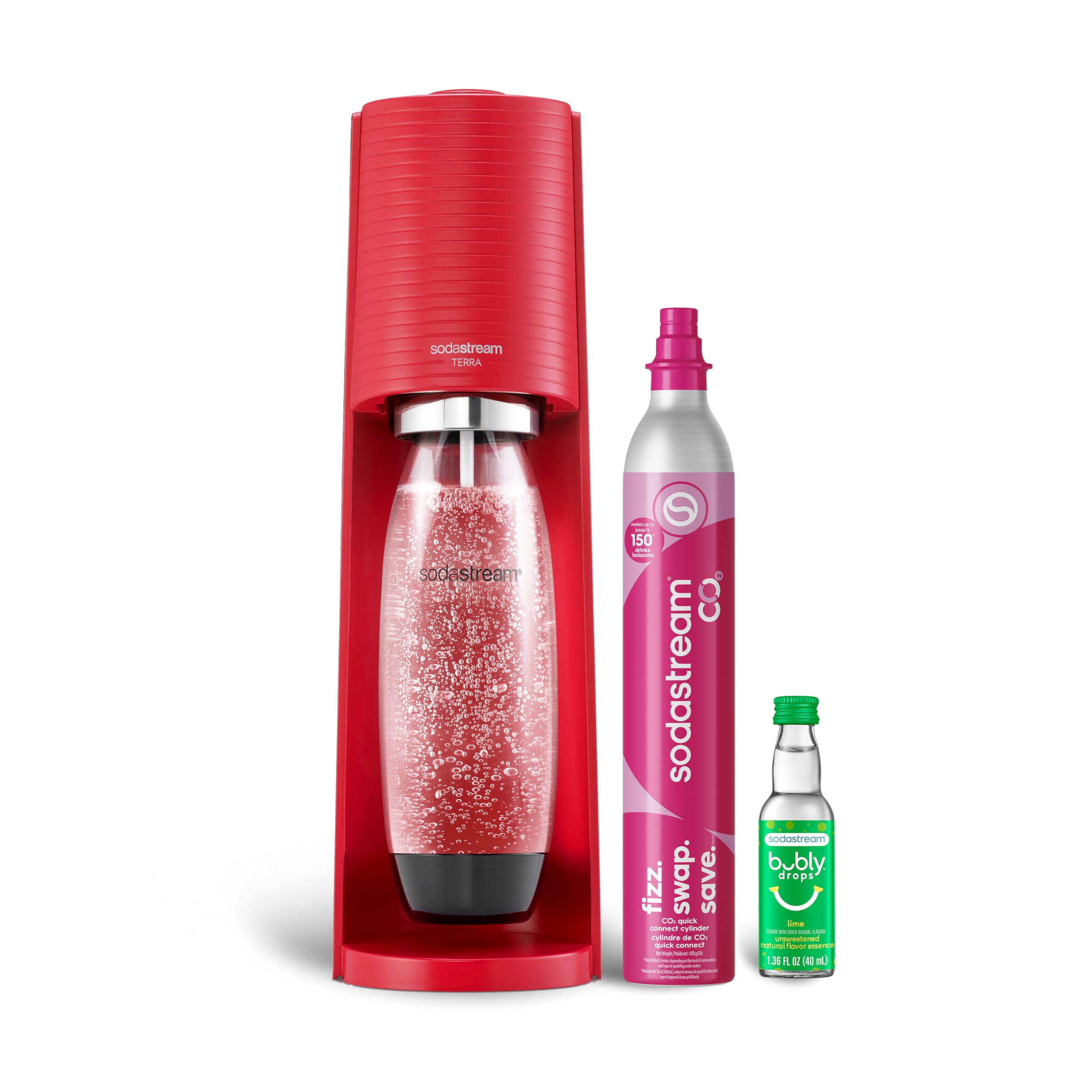 ساز تصفیه آب اسپارکلینگ سودااستریم ترا (رنگ قرمز) با CO2، بطری قابل شستشوی ماشین ظرفشویی و کیت شروع بابلای دراپ رنگ قرمز