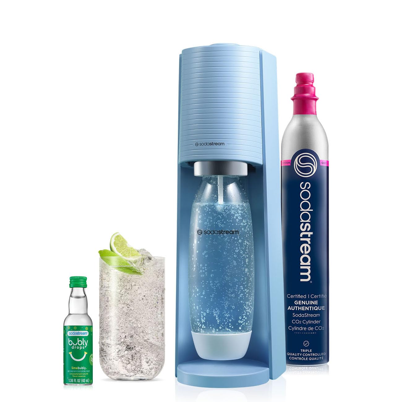 SodaStream Terra Sparkling Water Maker (Misty Blue) with CO2, ظرفشویی ایمن بطری و Bubly Drop Starter Kit Misty Blue
