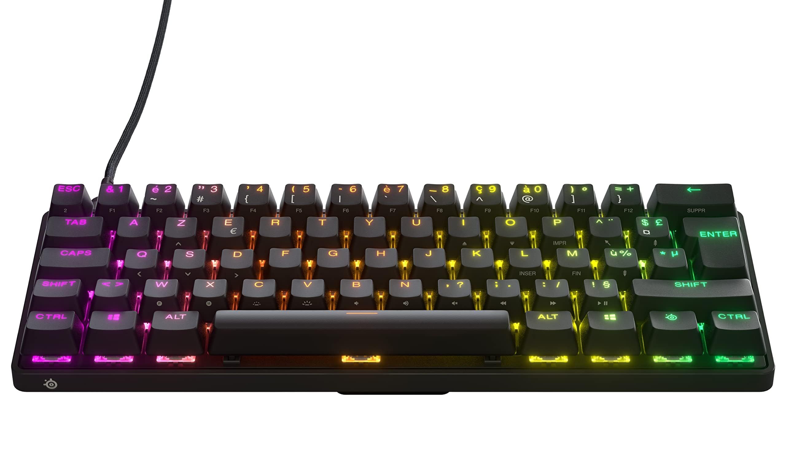 SteelSeries Apex Pro Mini صفحه کلید بازی‌های هایپرمگنتیک - سریع‌ترین صفحه کلید دنیا - فعال‌سازی قابل تنظیم - فرمت کوچک 60٪ - RGB - کلاوهای PBT - USB-C - چیدمان فرانسوی AZERTY Mini (60 درصد) - سیمی-