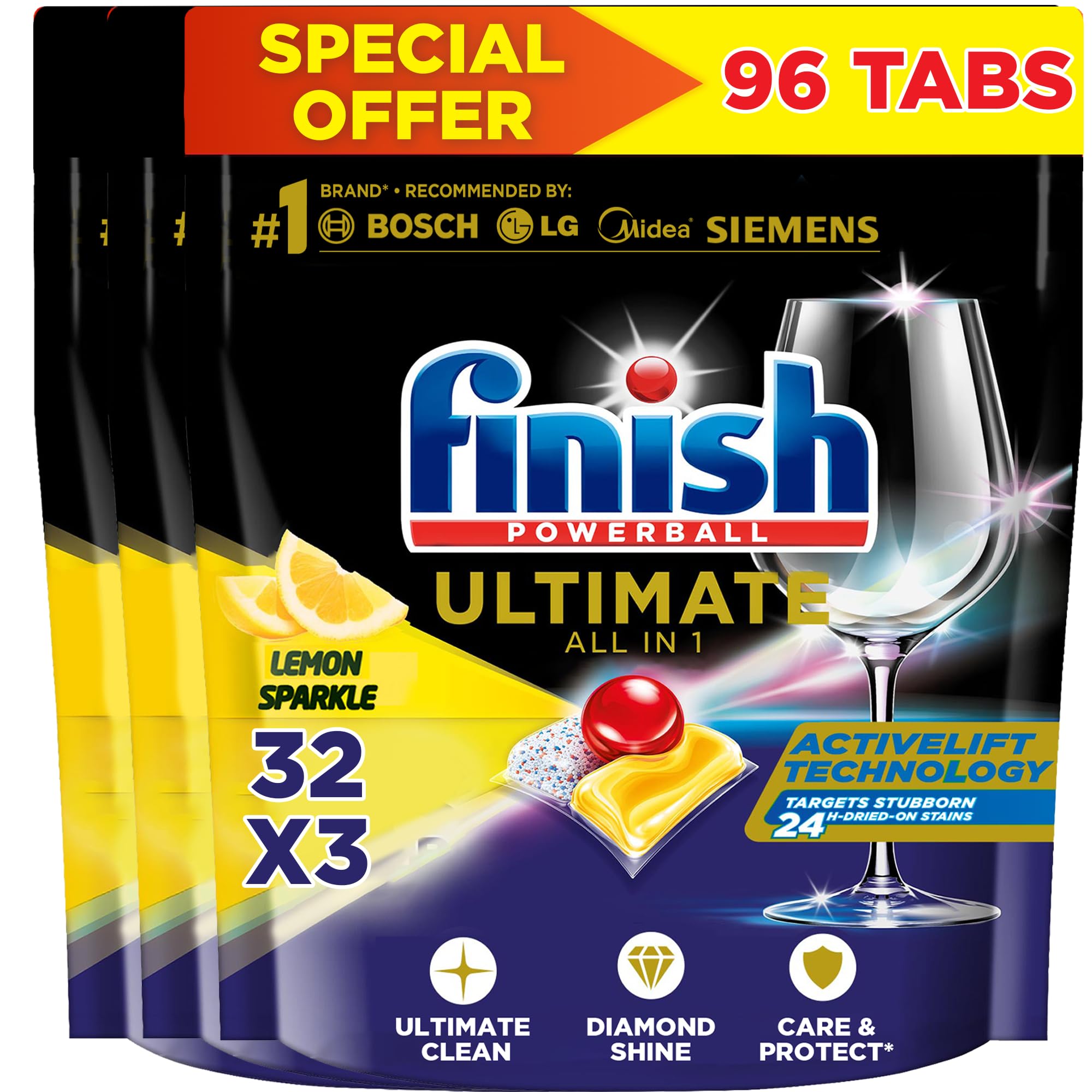 تبلت‌های مایع ظرف‌شویی Finish Powerball Quantum Ultimate برای تمیزی و براقیت بی‌نظیر - 32 تبلت (بسته‌بندی 3 عدد) 32 تبلت، بسته‌بندی 3 عدد