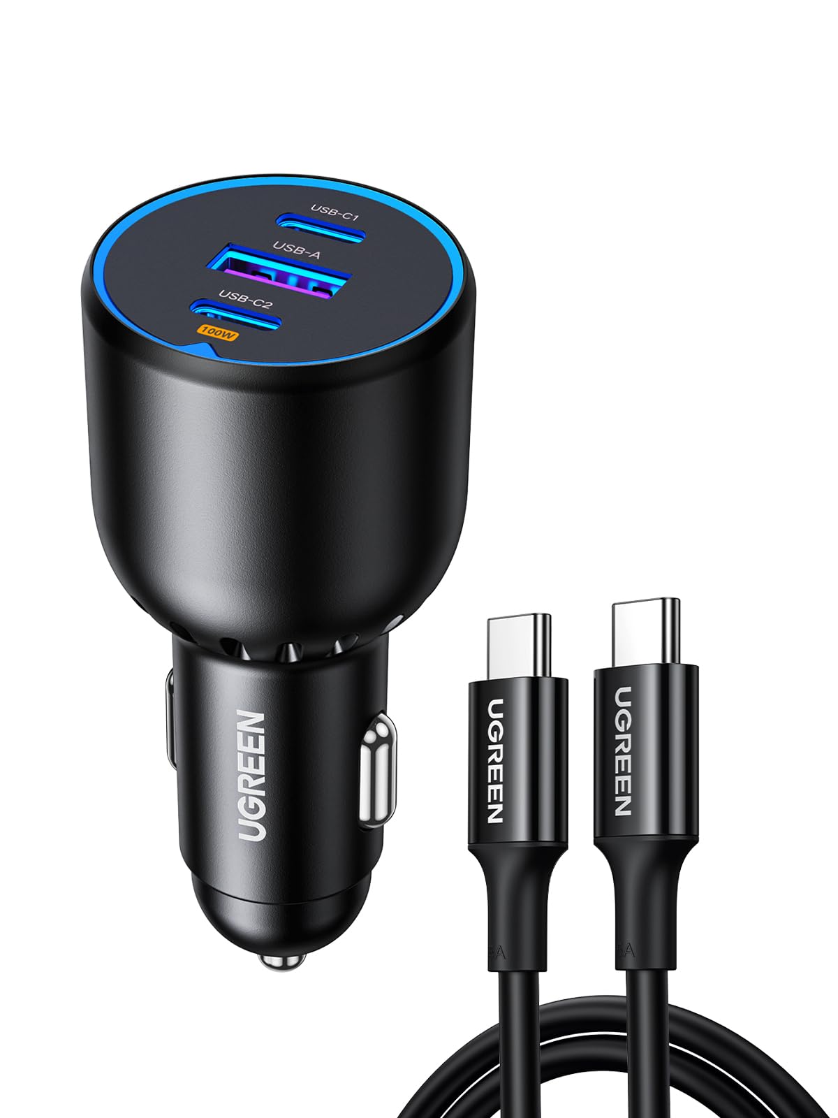 شارژر فست اتومبیلی یوگرین 130 وات تایپ C، آداپتور برق اتومبیلی 3 پورت با کابل USB C 100 وات برای مک بوک، شارژر خودرویی برای مدل‌های سامسونگ S25، آیفون، استیم دک، مک بوک، لپ تاپ‌ها، تبلت‌ها، هوآوی 130 وات همراه با کابل