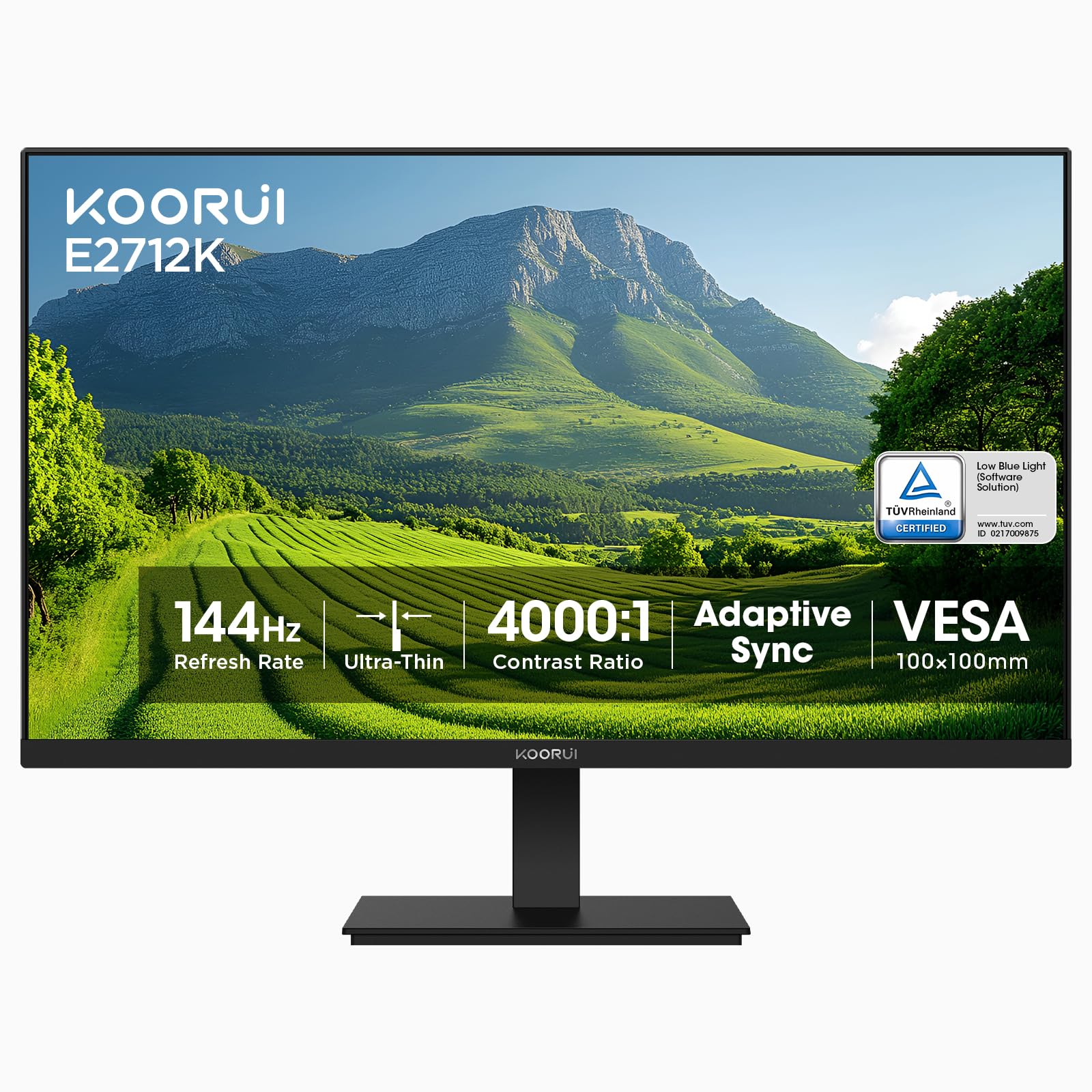 مانیتور KOORUI 27 اینچ، رزولوشن Full HD 1080P، نمایشگر IPS، پورت‌های HDMI و VGA، زمان پاسخ‌گویی 5 میلی‌ثانیه، قابلیت نصب روی دیوار با استاندارد VESA 75x75 میلی‌متر، طراحی بدون حاشیه، قابلیت تنظیم ارگونومیک، رنگ مشکی 27 اینچ FHD 75Hz/27N1