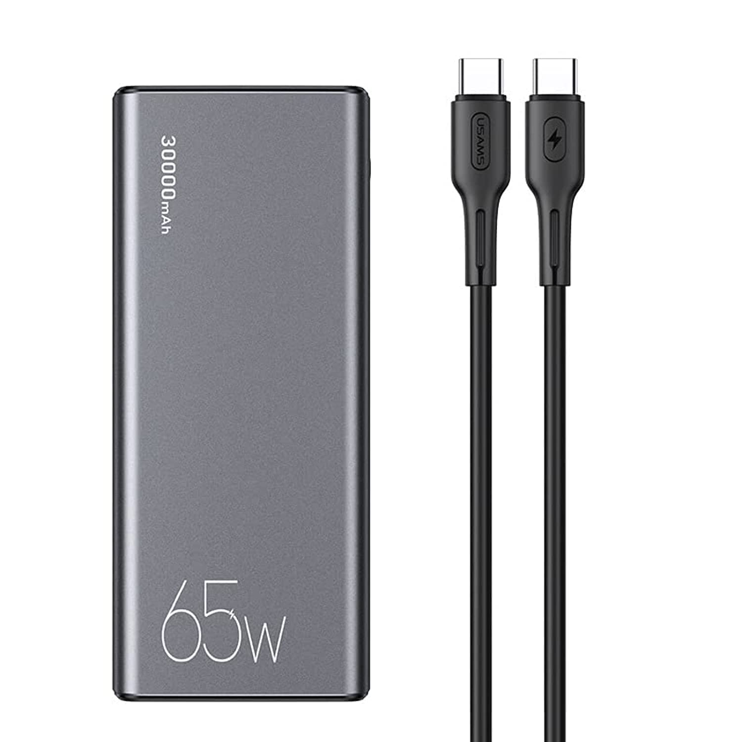 پاوربانک شارژ سریع 30000 میلی‌آمپر USAMS همراه با کابل USB C به USB C برای لپتاپ از شرکت به‌مارک USAMS، سریع شارژ و فوق‌العاده کوچک با QC3.0+PD، سازگار با تلفن‌ها، لپتاپ و تبلت