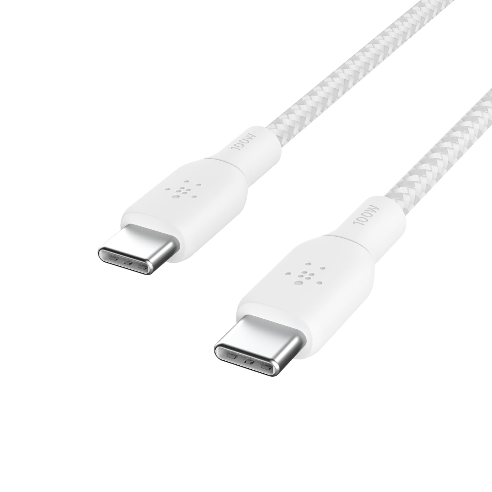 کابل Belkin USB Type C to C، شارژر USB-IF Certified 2.0 USB C با توان 100 وات و با پوشش نایلون دو بل اکستریور برای آیفون، آیپد، مک‌بوک، گلکسی، پیکسل و سایر دستگاه‌ها - ۳ متر، رنگ سفید