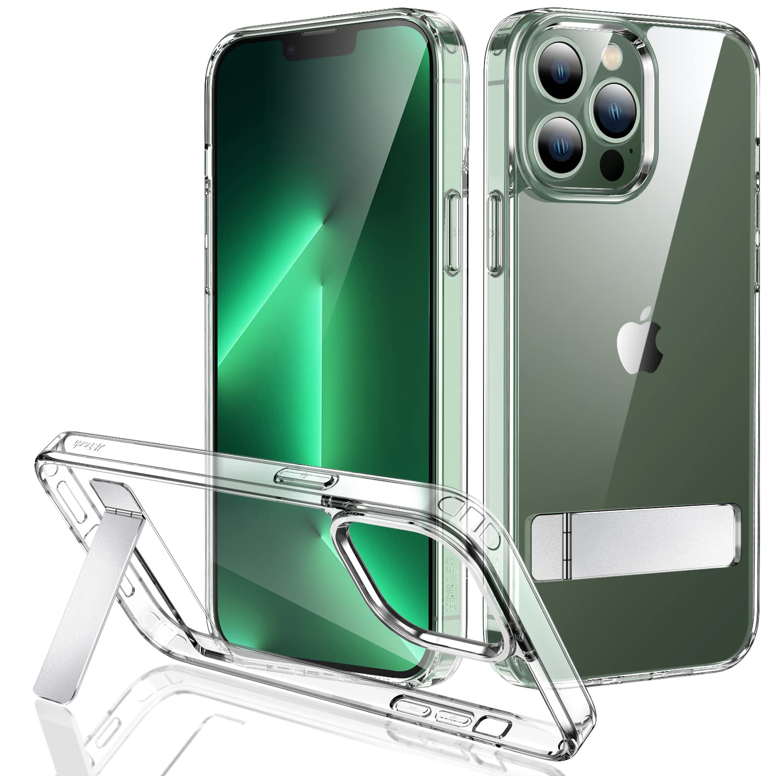 کاور JETech Kickstand برای iPhone 13 Pro Max، 6.7 اینچ، پشتیبانی از شارژ بی‌سیم، کاور تلفن ضد ضربه و لاغر، استند فلزی سه راهه (شفاف)