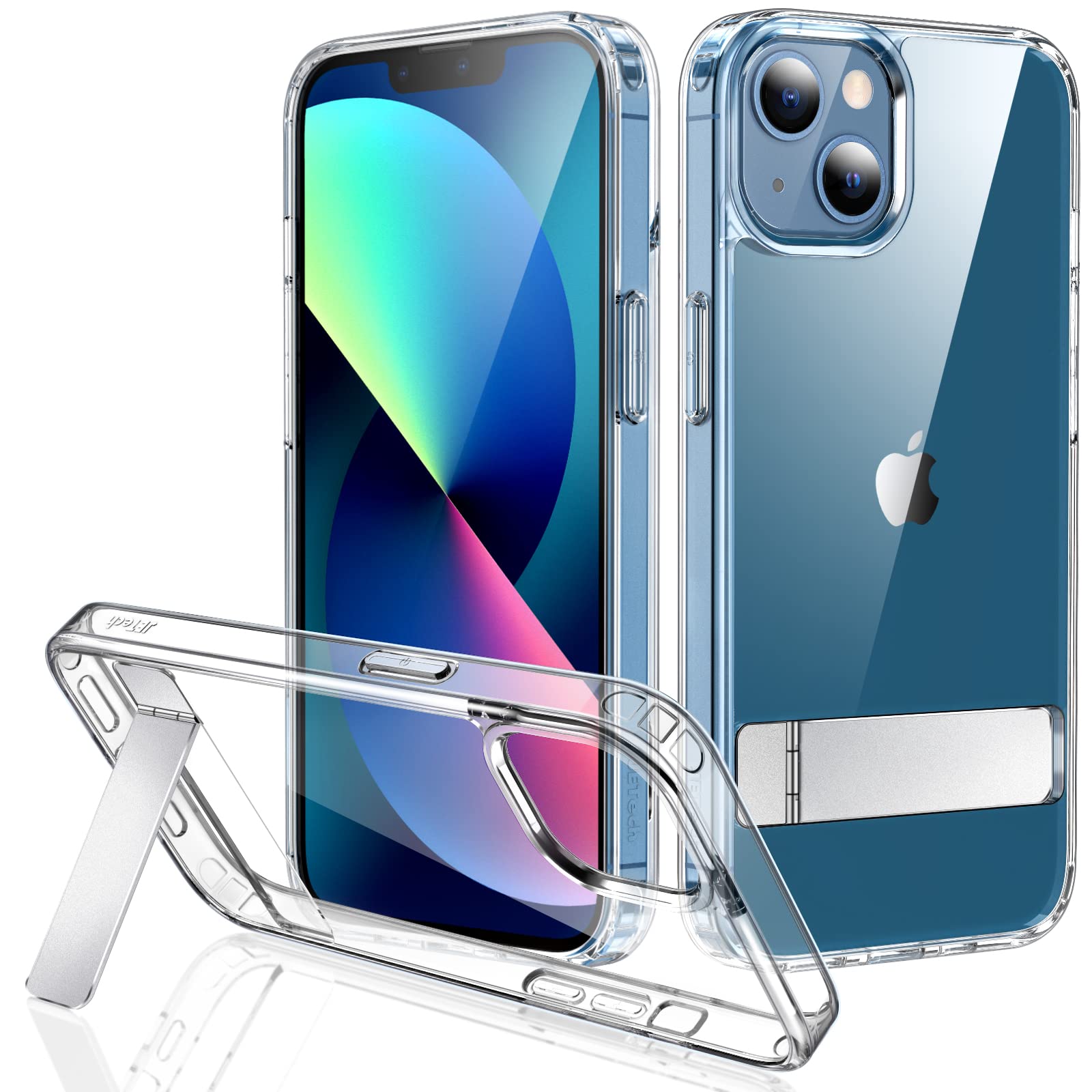 کاور نگهدارنده JETech برای iPhone 13، 6.1 اینچ، پشتیبانی از شارژ بی‌سیم، کاور نازک ضدضربه برای تلفن، استند فلزی سه‌طرفه (شفاف)