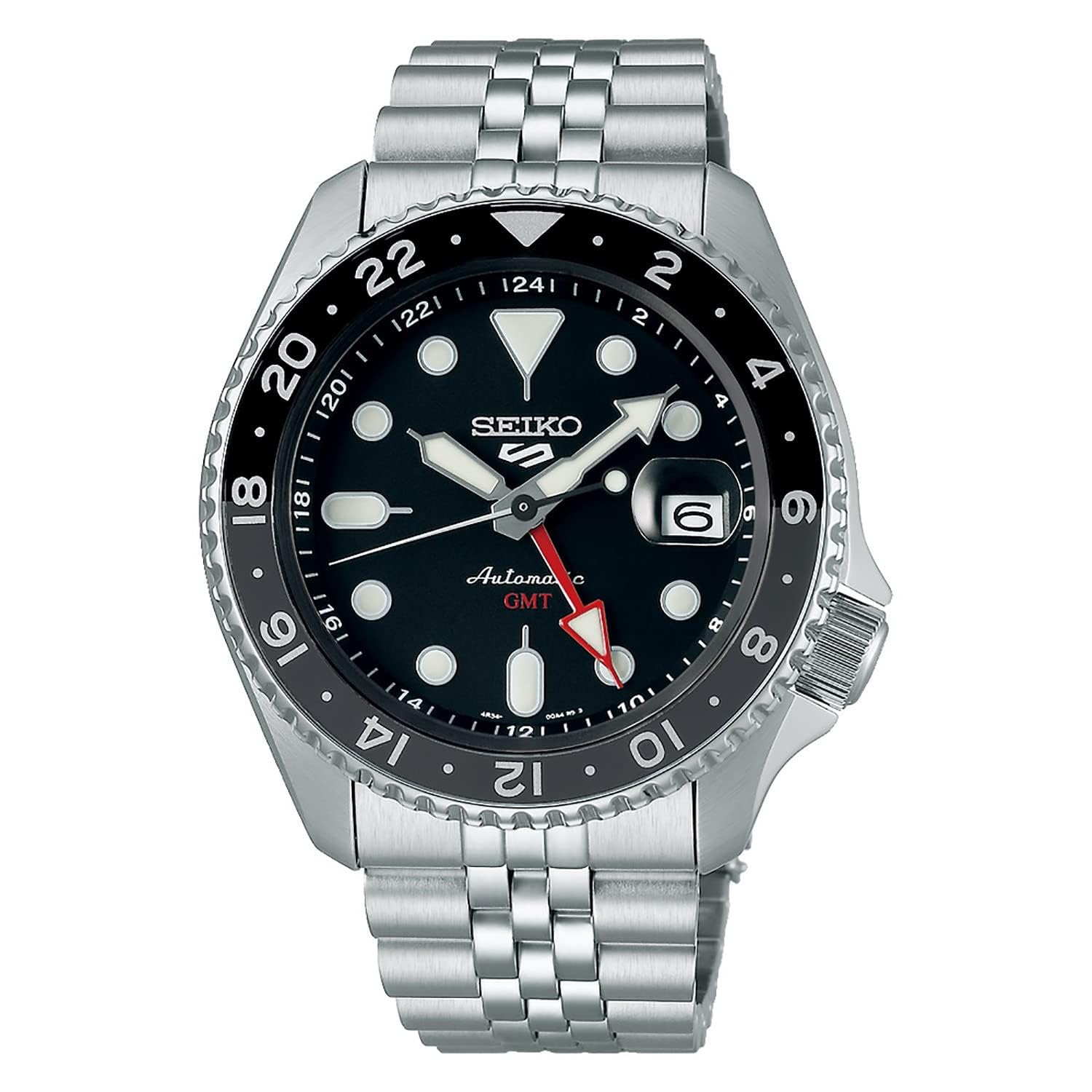 ساعت مردانه اتوماتیک Seiko 5 Sports SSK GMT با صفحه‌ی سیاه و رنگ نقره‌ای سیاه