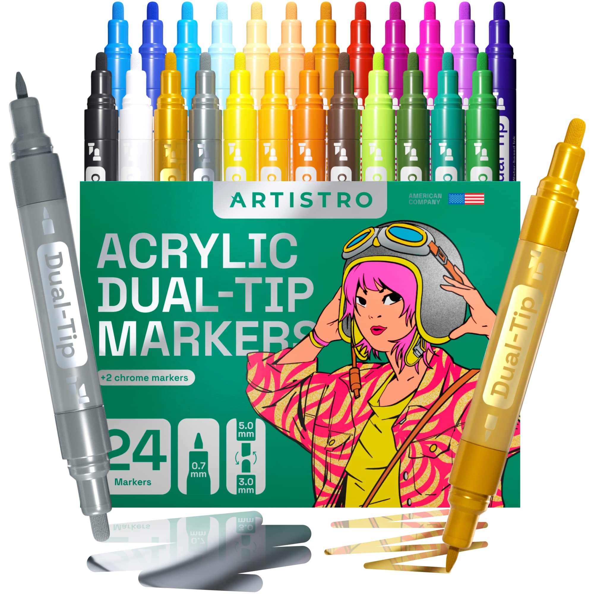 مداد‌های رنگ آکریل ARTISTRO با 24 نوک دوگانه به همراه مداد آینه‌ای کروم طلا و نقره‌ای Extra Fine و Medium Tip + Chisel، مداد‌های رنگ آکریل برای سنگ، چوب، پارچه، شیشه، پلاستیک