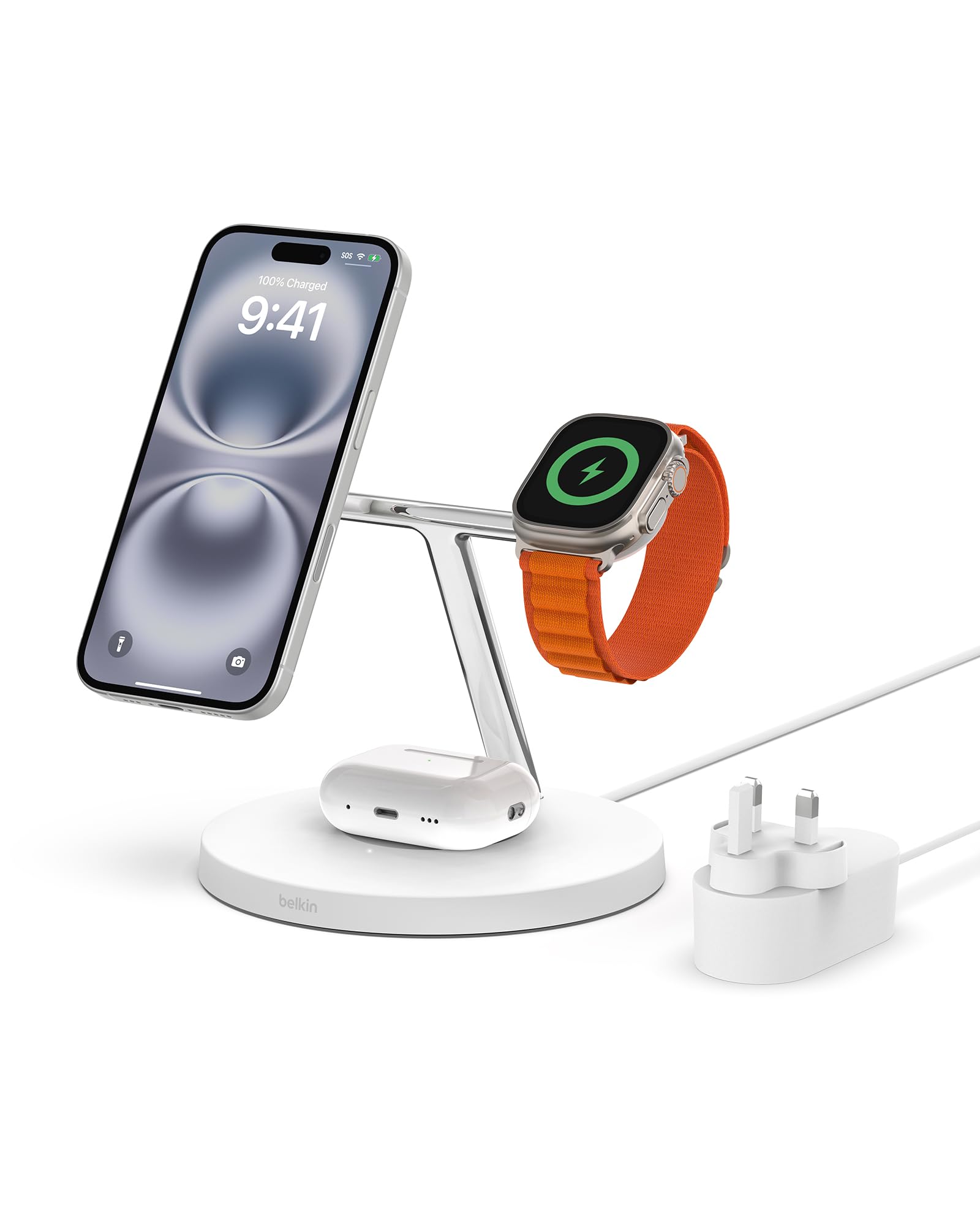 ایستگاه شارژ بی‌سیم Belkin MagSafe 3 در 1، شارژر بی‌سیم 15 وات iPhone و Apple Watch Fast، ایستگاه شارژ AirPods برای مجموعه iPhone 16، 15، 14، 13، 12، Apple Watch 10/9/8، SE، Ultra - سفید سفید Magsafe سازگار