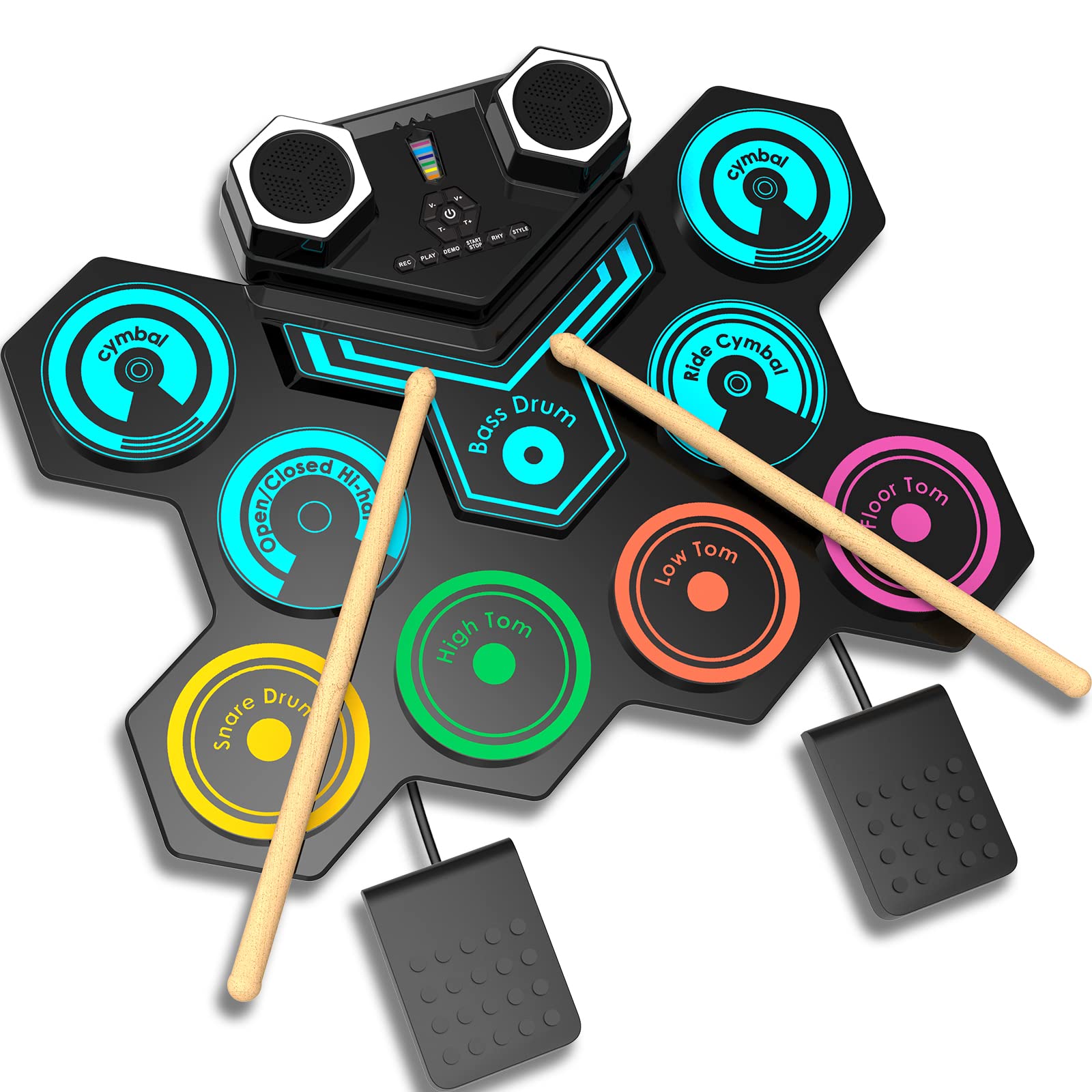 سی‌ان‌آی‌پی‌ایکسای Portable Electric Drum Kit، سینی طبل قابل تاشو با اسپیکرهای استریو داخلی، پدال‌های پا، شاخه‌های طبل، 9 سینی پنل سیلیکونی برای طبل الکترونیک برای کودکان و بزرگسالان مبتدی