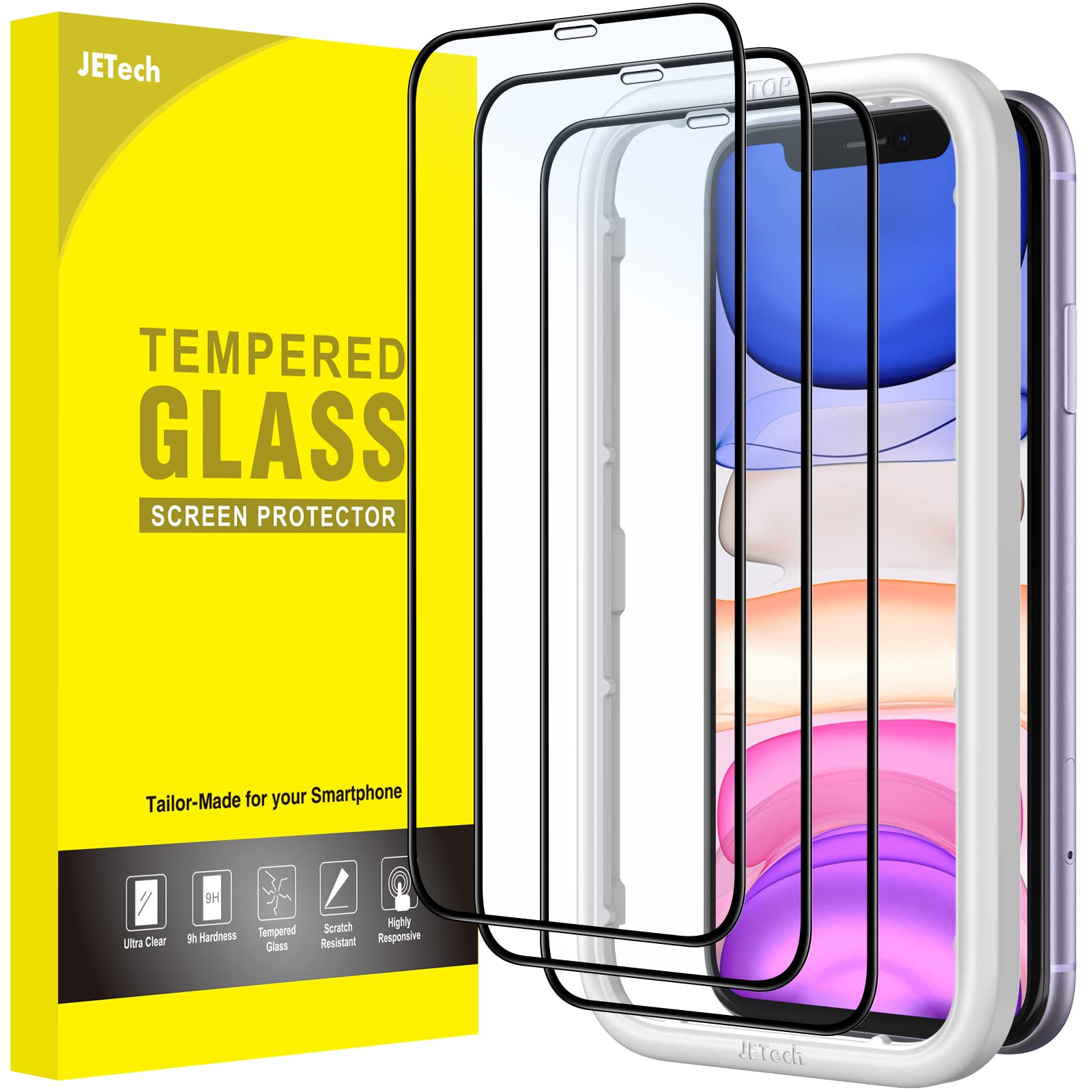 پوشش کامل صفحه نمایش JETech برای iPhone 11 / XR 6.1 اینچ، لبه سیاه، فیلم شیشه ای تقویت شده با ابزار نصب آسان، مناسب برای محافظت موبایل، با کیفیت تصویر HD، بسته 3 تایی