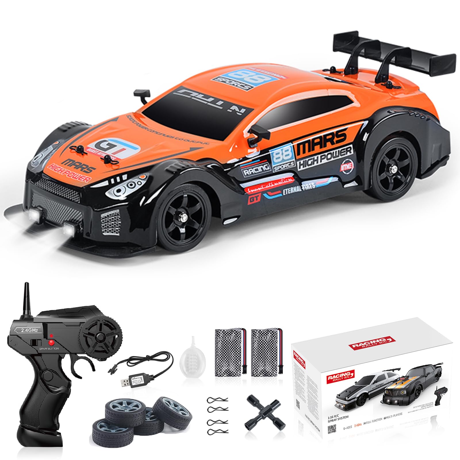 Remote Control Car RC Drift Car 1/16 Scale 4WD RC Car With LED Lights 2.4ghz 18km/H Rechargeable High Speed Drift Racing Sport Toy Car For Adults Boys Girls Kids Gift 2pcs Batteries and Extra Tires D-orange
