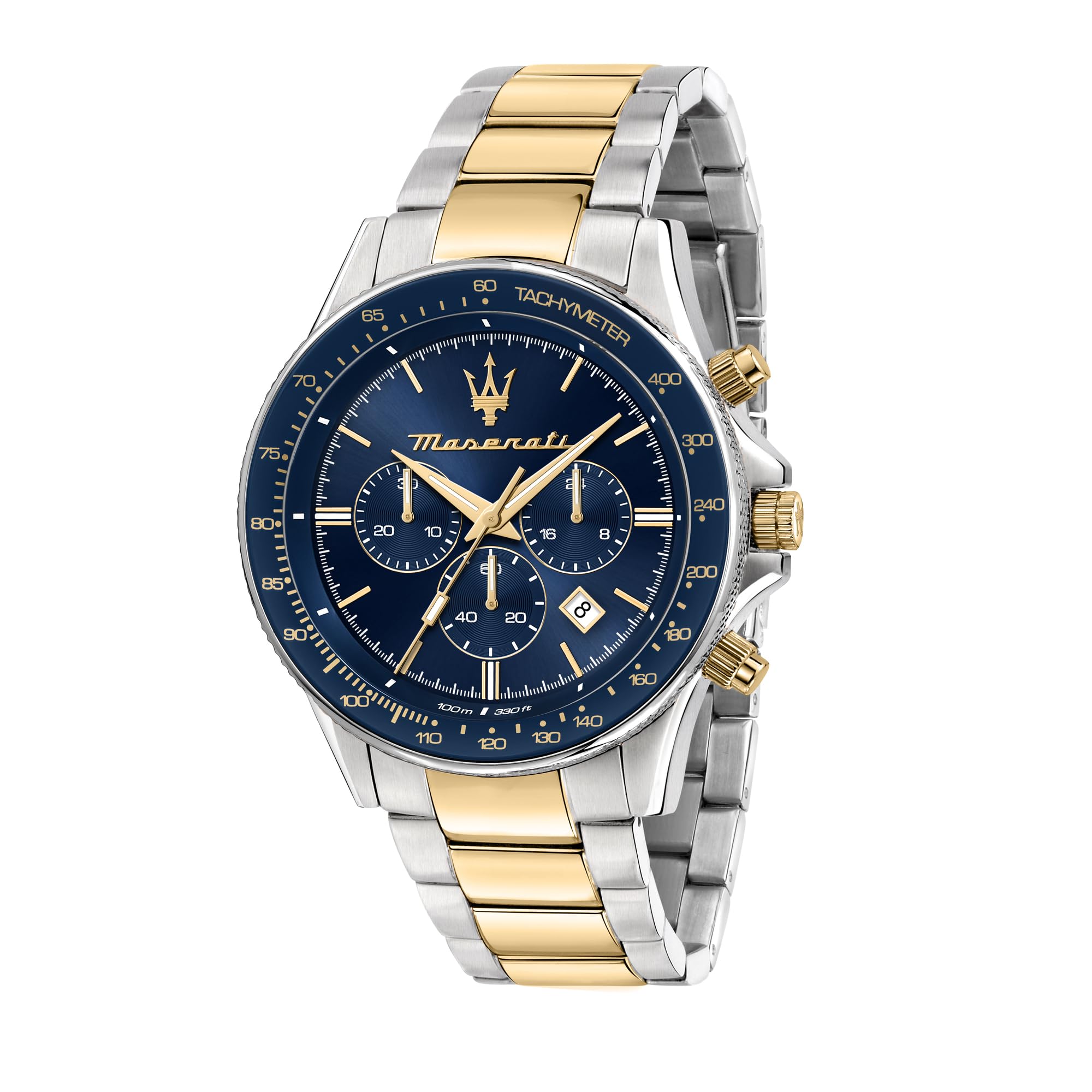 مژگ مردانه Maserati Chronograph سفیدا، صورتی آبی، بند نقره ای/طلایی، قاب ۴۴ میلیمتر