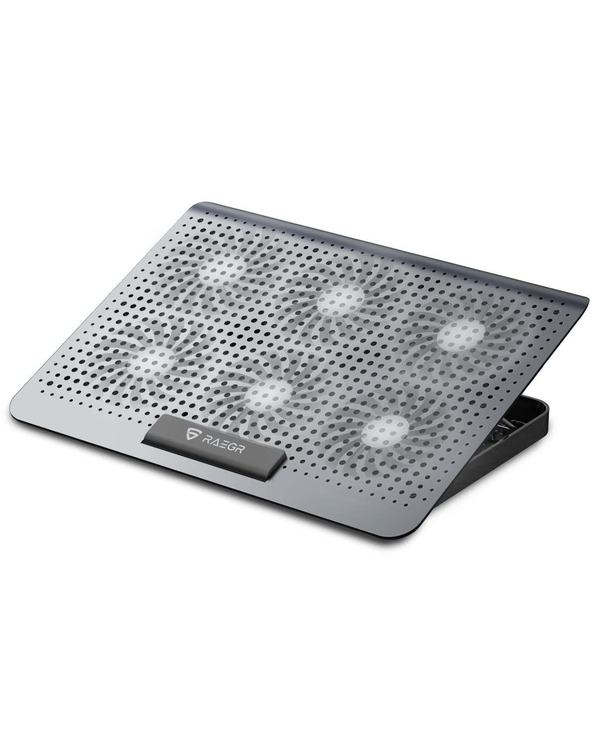 پایه خنک کننده لپ تاپ آلومینیومی RAEGR RapidCool 900 | دو پورت USB | با تنظیم چند زاویه و سرعت باد قابل تنظیم، پشتیبان فلزی | پانل ضد لغزش قابل تاشید | سازگار با لپ تاپ‌های تا 17 اینچ