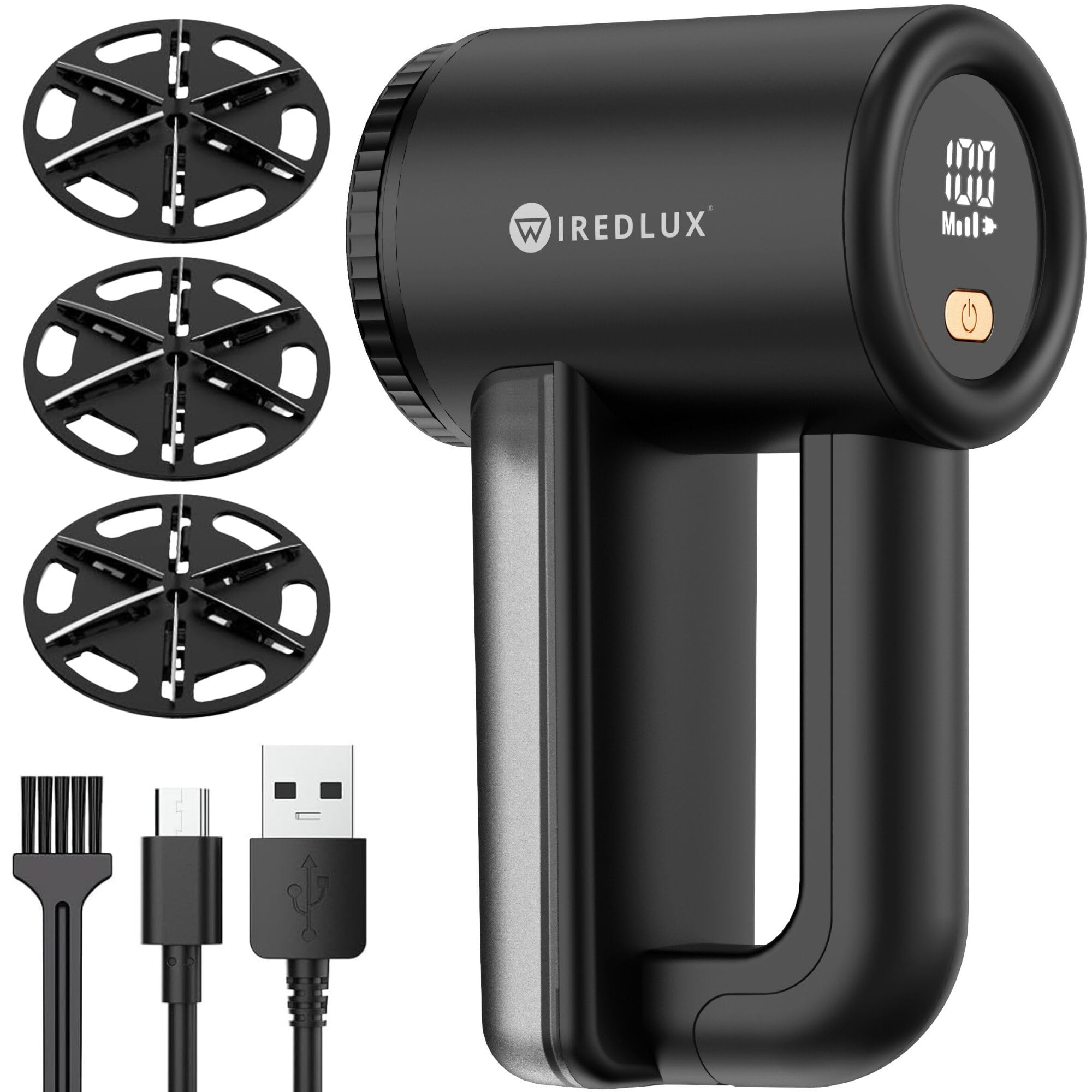 پاک‌کن الکتریکی WiredLux - پاک‌کن بافت قابل شارژ برای لباس و مبلمان - قابل تنظیم با 3 سرعت، تیغه 6 برگ، نمایشگر LED، شارژ از طریق USB - دبابلر با محافظت دوگانه