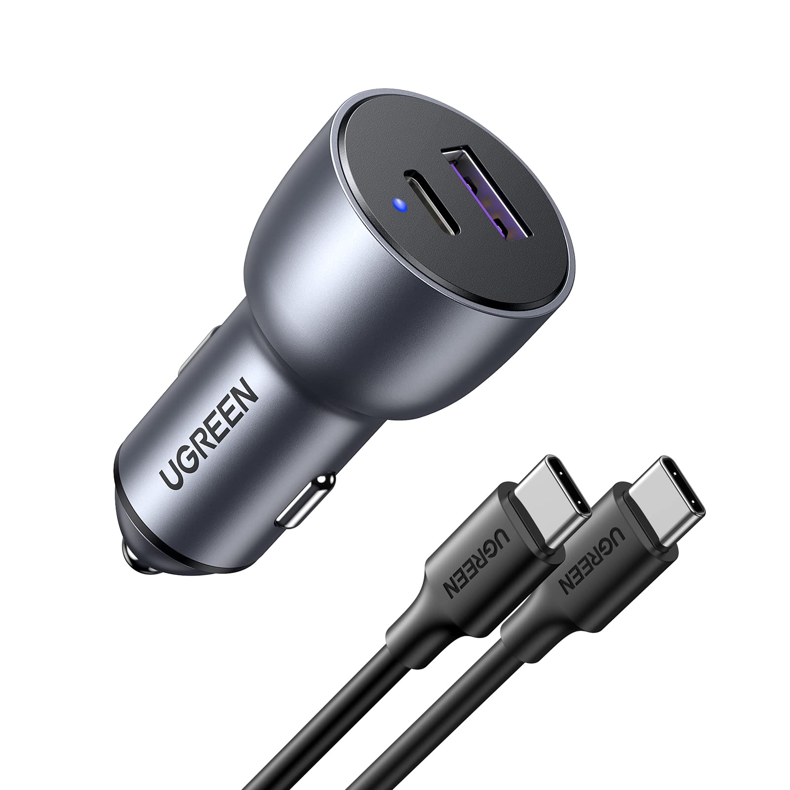 UGREEN 52.5W شارژر خودرو کابل PD30W آیفون 16 پرو شارژر خودرو دو پورت USB سریع آداپتور تغذیه اتومبیل سامسونگ S24 25W همراه با کابل USB C 1M برای سامسونگ، آیفون، آیپد، هوآوی