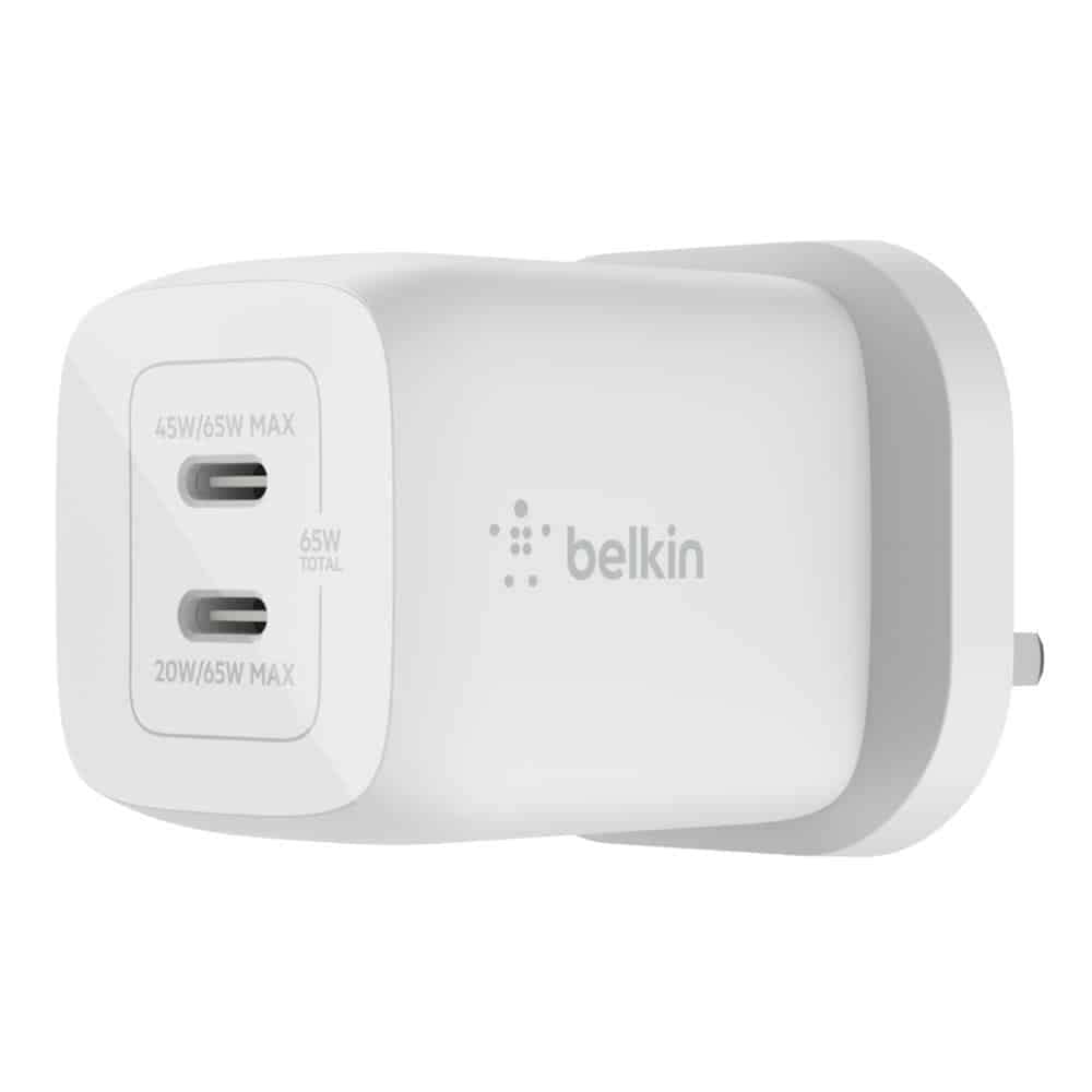 شارژر دیواری دو پورت USB نوع C 65 وات Belkin، شارژ سریع تحویل توان 3.0 با تکنولوژی GaN، شارژر سریع پلاگ USB برای آیفون 15، 14، 13، آیپد، مک‌بوک، سامسونگ گالکسی S24، پیکسل و سایر دستگاه‌ها - سفید 65 وات - سفید