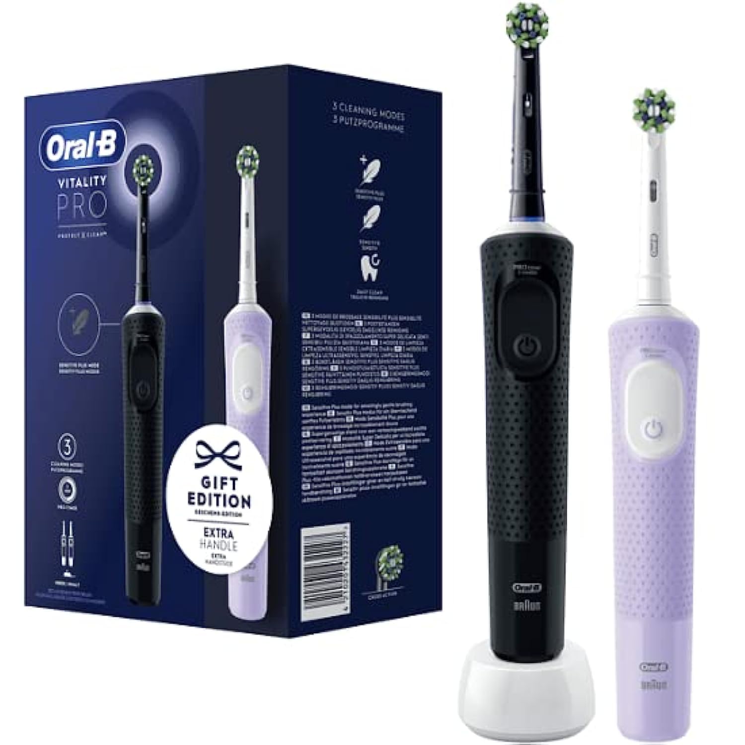 مسواک برقی Oral-B Vitality Pro، بسته دو عددی با 2 سر مسواک اضافی، 3 حالت تمیزکاری برای مراقبت از دندان، هدیه ای مناسب برای آقایان/بانوان، طراحی شده توسط Braun، مشکی/بنفش (جدید) دو لایه سیاه/بنفش