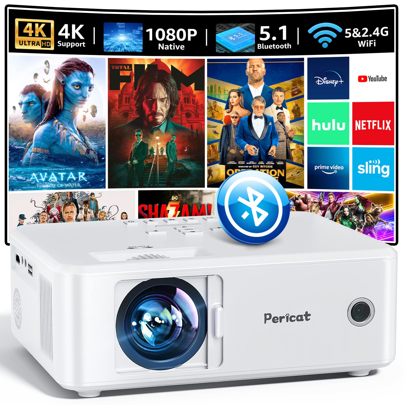 پروژکتور Pericat با وای فای و بلوتوث، وای فای 5G، پروژکتور فیلم 1080P، 9800 لومن پشتیبانی کننده از 4K، پروژکتور قابل حمل خارجی، پروژکتور سینمای خانگی قابل استفاده با تلویزیون Stick، تلفن، لپ تاپ، سفید