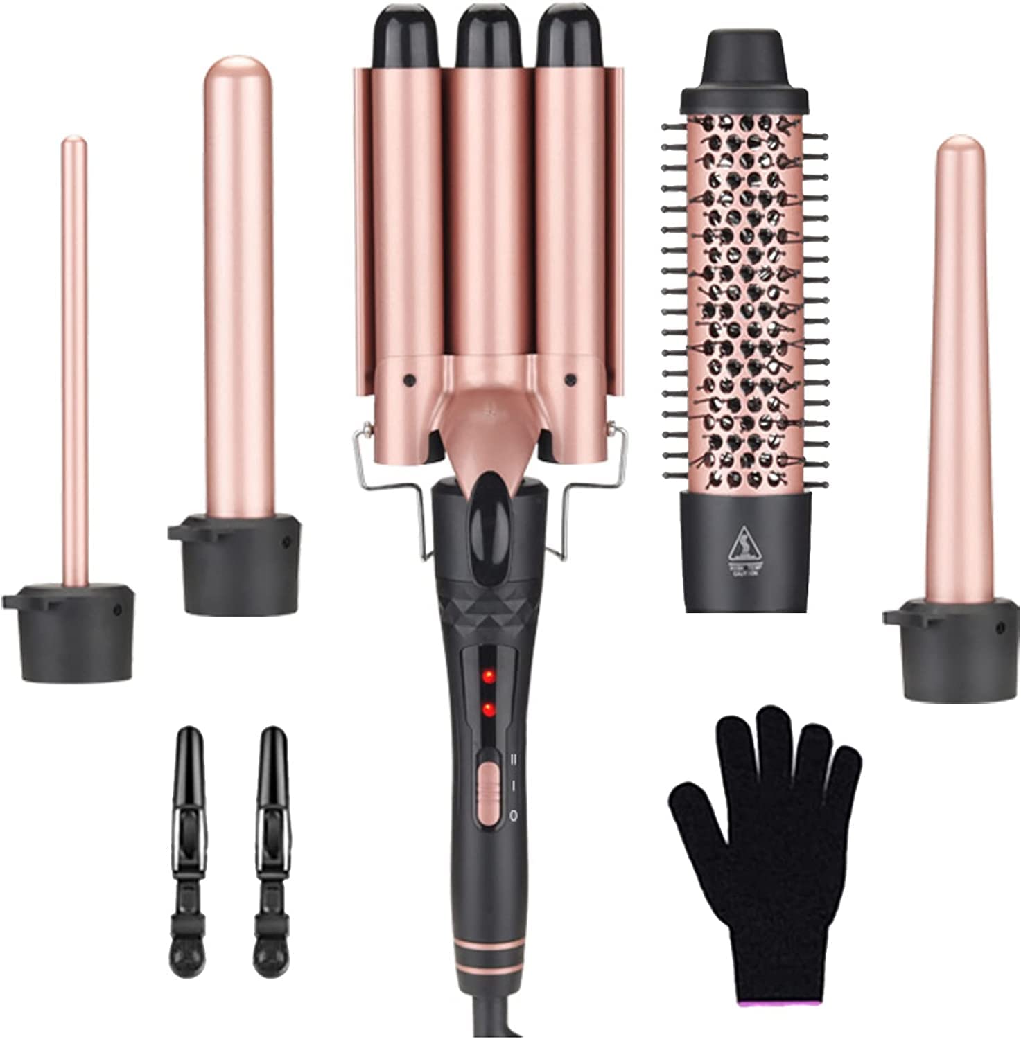مجموعه انواع موهای Beauenty ، دستگاه حالت دهنده موهای 5 در 1 ، مجموعه دستگاه حالت دهنده حرفه ای ، دستگاه ناگهانی افزایش حرارت مو با 5 استوانه سرامیک قابل تعویض (9-32 میلیمتر) ، با دستکش محافظ حرارت و 2 گیره (D)