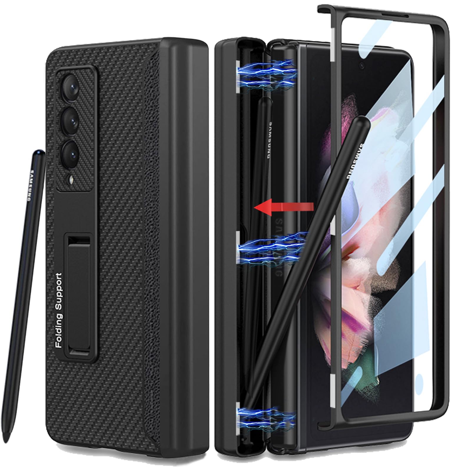کاور COCOING برای Samsung Galaxy Z Fold 3 با دارا بودن قلم نگهدار, دارای قلم نگهدار داخلی با زاویه قوس متحرک, با پوشش صفحه نمایش و قلاب قابل تنظیم, کاور چرمی لوکس کسب و کاری برای Galaxy Z Fold 3 (فیبر کربن)