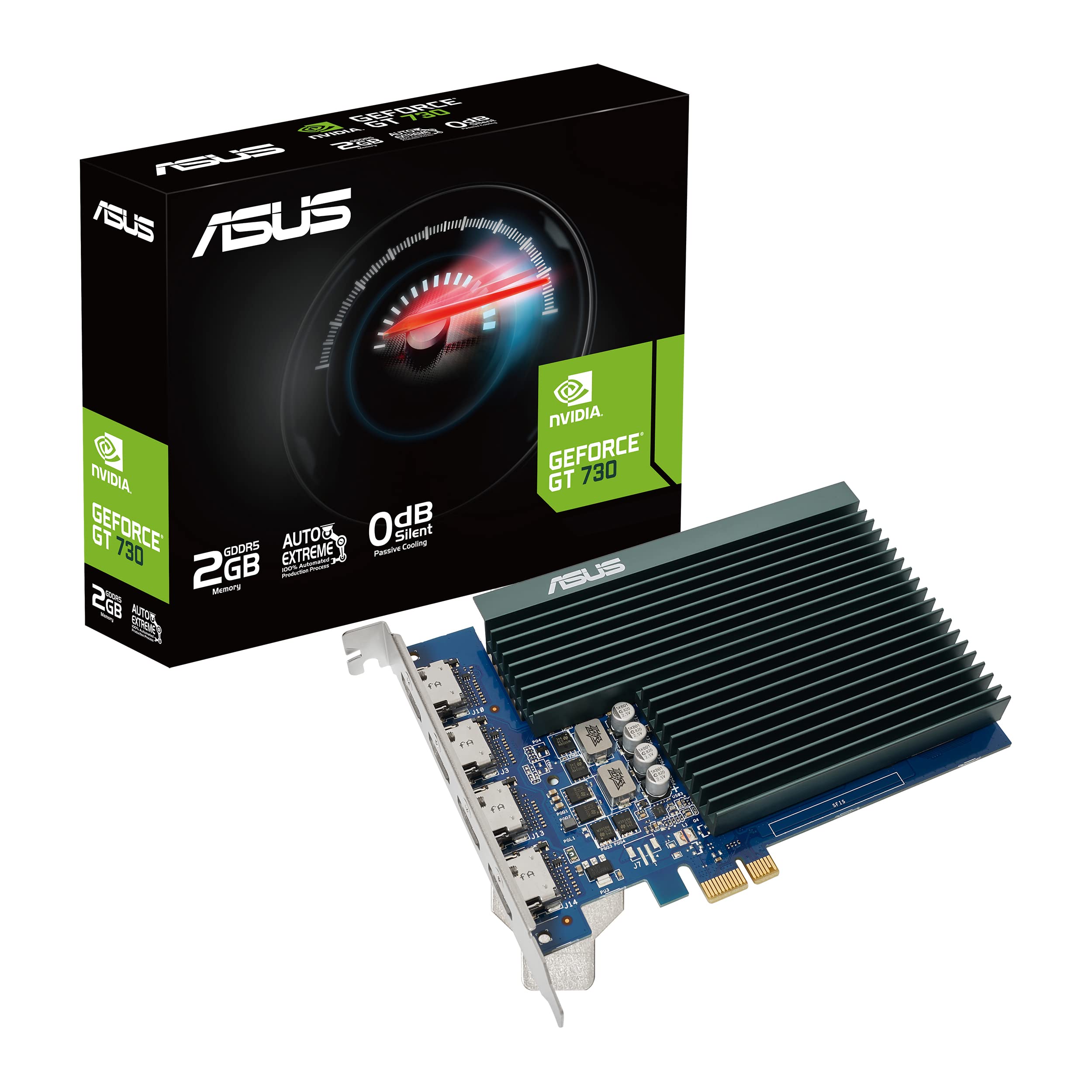کارت گرافیک ASUS NVIDIA GeForce GT 730 (PCIe 2.0، حافظه 2GB GDDR5، 4 پورت HDMI، طراحی تک-اسلات، سیستم خنک‌کنندگی بی‌صدا) (GT730-4H-SL-2GD5)