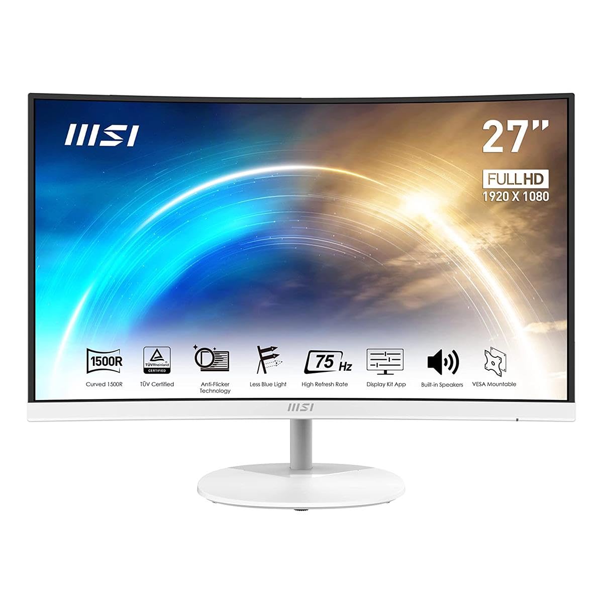 MSI Pro MP271CW, 27 اینچ, ۱۹۲۰ x ۱۰۸۰ (FHD), VA منحنی, ۷۵Hz, FreeSync, تایید شده توسط TUV برای حفاظت از دید، ۱ms, HDMI, شیب, سفید