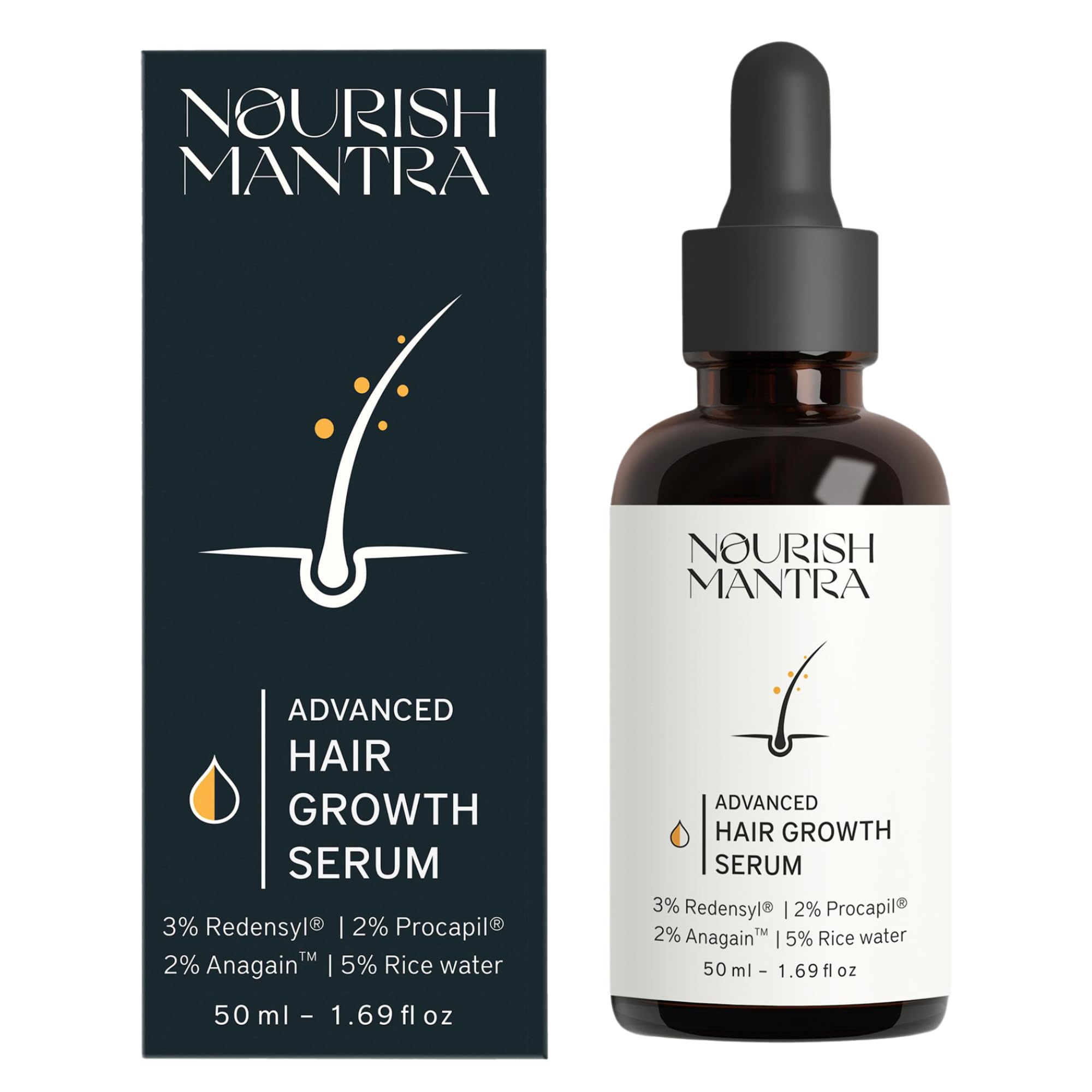 سرم رشد مو پیشرفته Nourish Mantra حجم ۵۰ میلی‌لیتر، ۳٪ ردنسیل، ۲٪ آناگین، ۲٪ پروکاپیل، ۵٪ آب برنج، ترویج رشد مو، درمان ضد نازکی و ریزش مو، سرم رشد سریع مو برای زنان و مردان