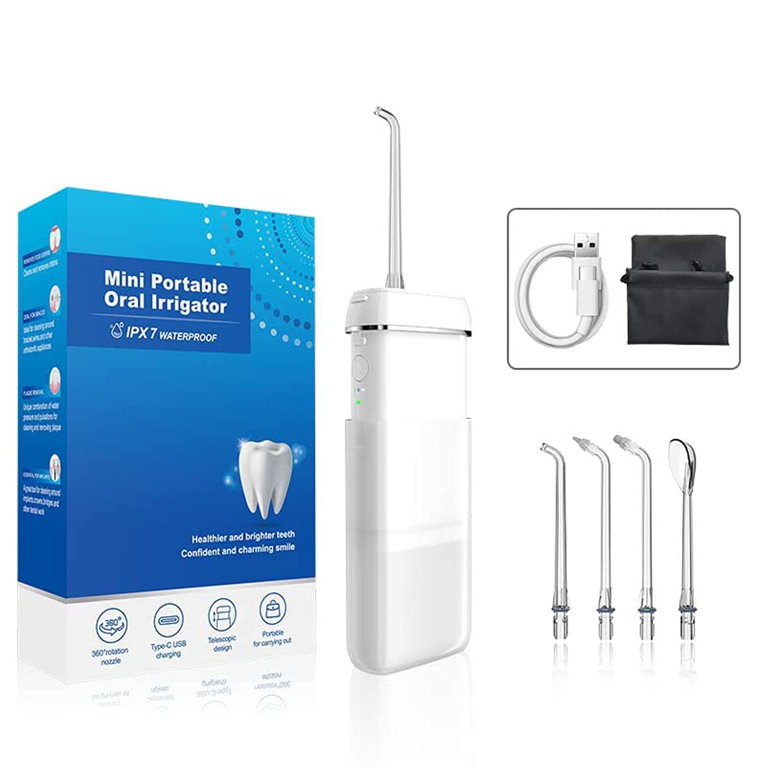 اشتهای آبی DUKK Oral Irrigator ، دستگاه تمیزکننده دندان با آب، مخصوص ریشه دندان ها، مخزن آب قابل تنظیم، ۳ حالت کاربری و ضدآبی IPX7، مناسب برای خانه و سفر، برای تمیزی دندان ها، انبر ها، و مراقبت از پلها (سفید)