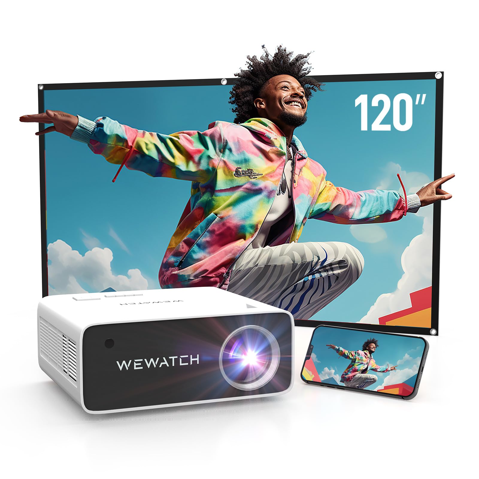 پروژکتور ویدئویی WEWATCH با کیفیت Native 1080P با WiFi و بلوتوث، پروژکتور فیلم خارجی با صفحه 120 اینچ، پشتیبانی از رزولوشن 4K Ultra HD، حداکثر تصویر 450 اینچ، سازگار با TV Stick، iOS Android