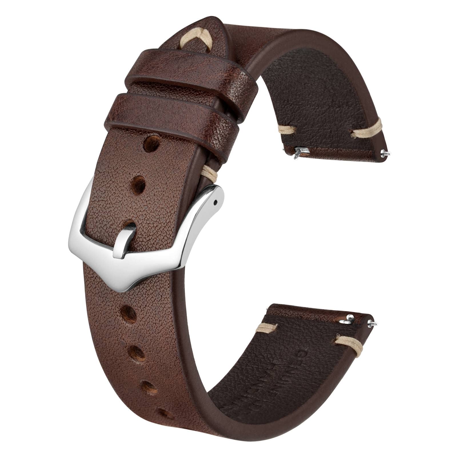 بند ساعت BISONSTRAP برای مردان، بند چرم دوخت دستی، رها سازی سریع، 18 میلیمتر، 20 میلیمتر، 22 میلیمتر 20 میلیمتر قهوه ای / بکل نقره ای