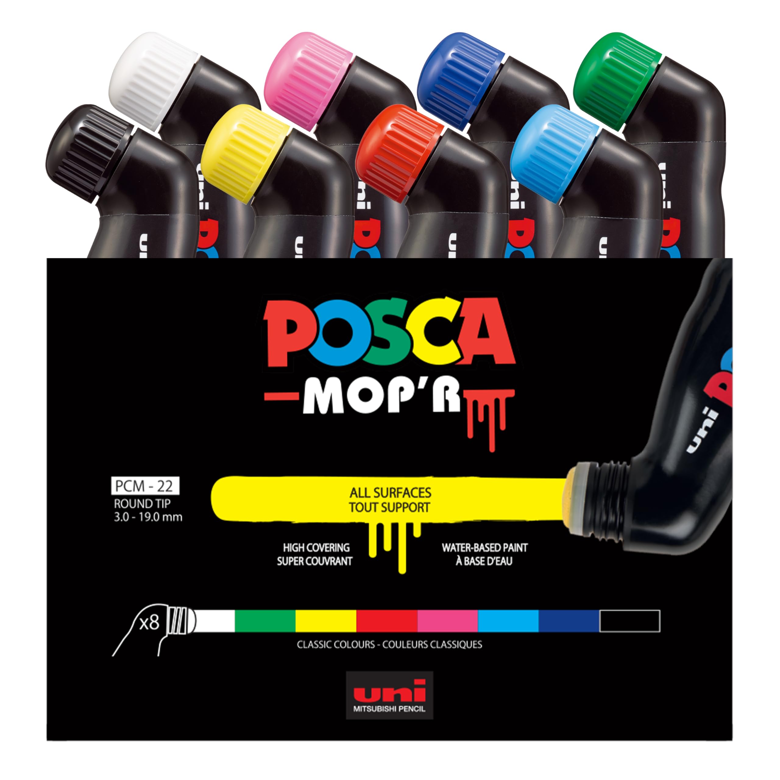 نوک گرد XXL 3-19 میلیمتری ، جعبه 8 عددی انواع مختلف Posca MOP’R PCM-22 نقاشی دائمی سطح چندمنظوره مارکر رنگی مناسب MOP'R Starter کیت شروع کننده 8 MOP'R
