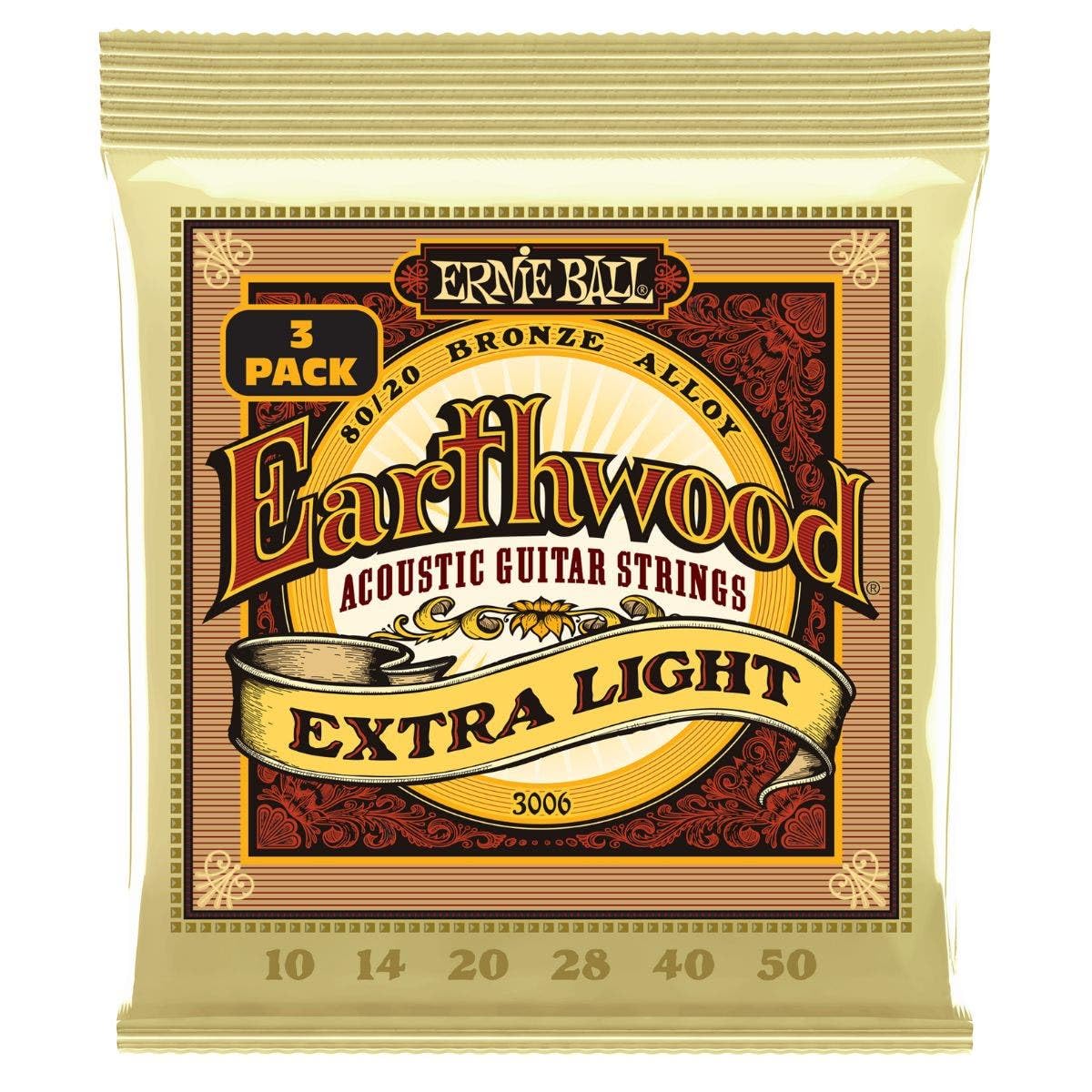 رشته‌های گیتار آکوستیک ارنی بال ارثوود Extra Light برونز 80/20، بسته 3 عددی، گیج 10-50 (P03006)Extra Light (10-50)، ست 3 عددی Earthwood 80/20 فقط