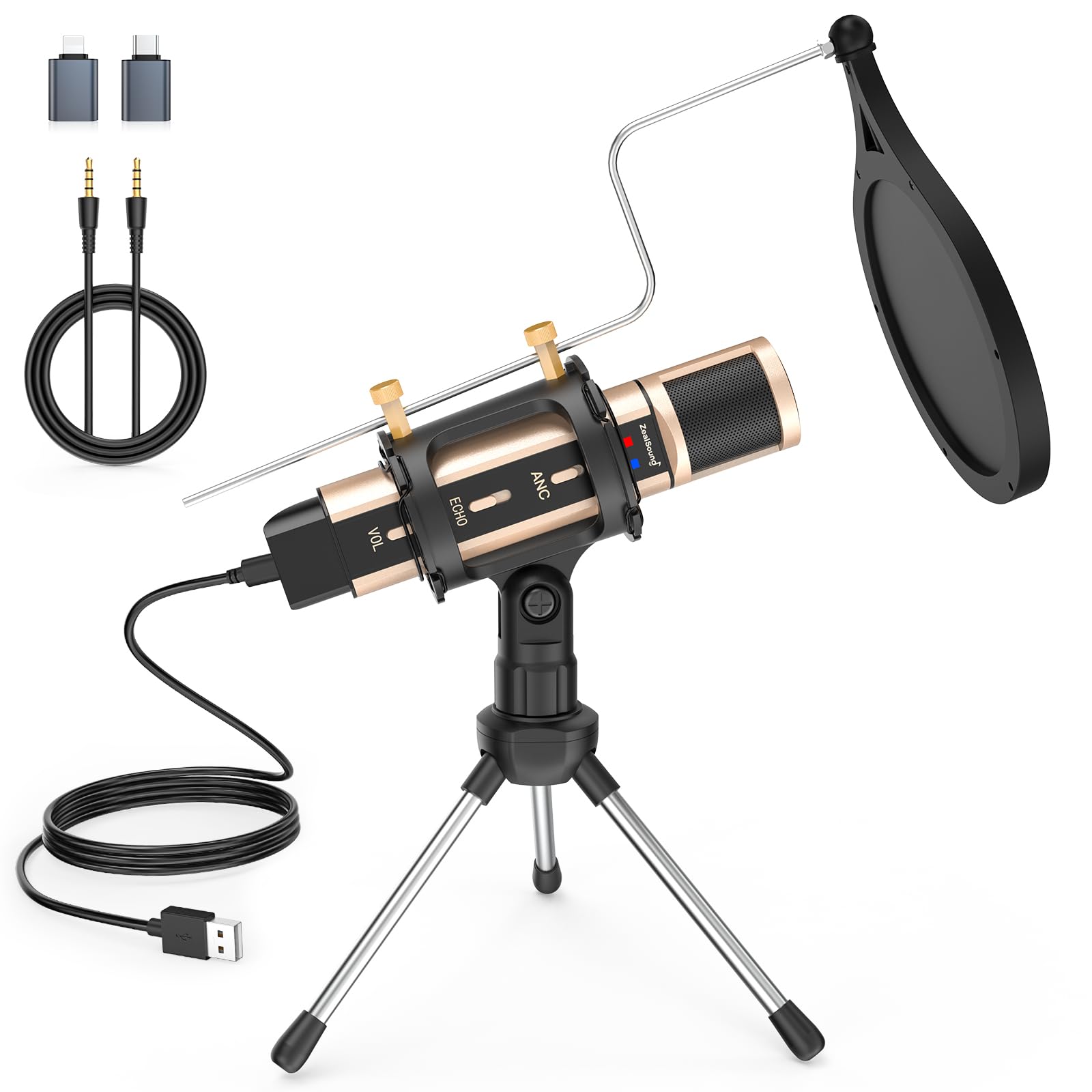 میکروفون ZealSound، میکروفون USB و 3.5 میلی‌متری با آداپتور Type-C لایتنینگ برای تلفن همراه و کامپیوتر، میکروفون کاندنسور با کنترل ولوم اکو، استند تریپود، فیلتر صدا، مونت شوک برای استریمینگ دیسکورد توییچ