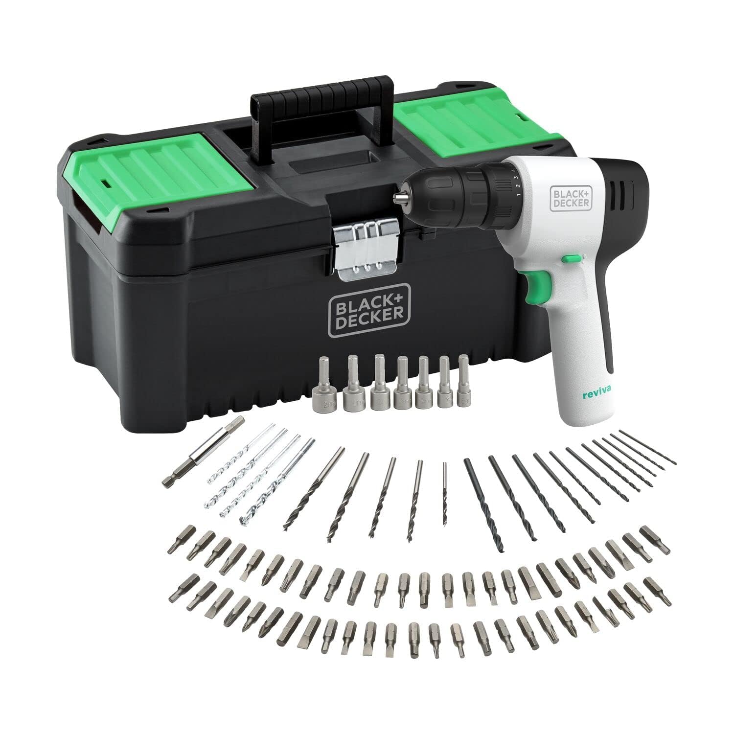 BLACK+DECKER Reviva Drill Kit 12V با 80 قطعه لوازم جانبی و جعبه ابزار 12.5 لیتری REVDD12ASTB-GB دریل + لوازم جانبی + جعبه ابزار