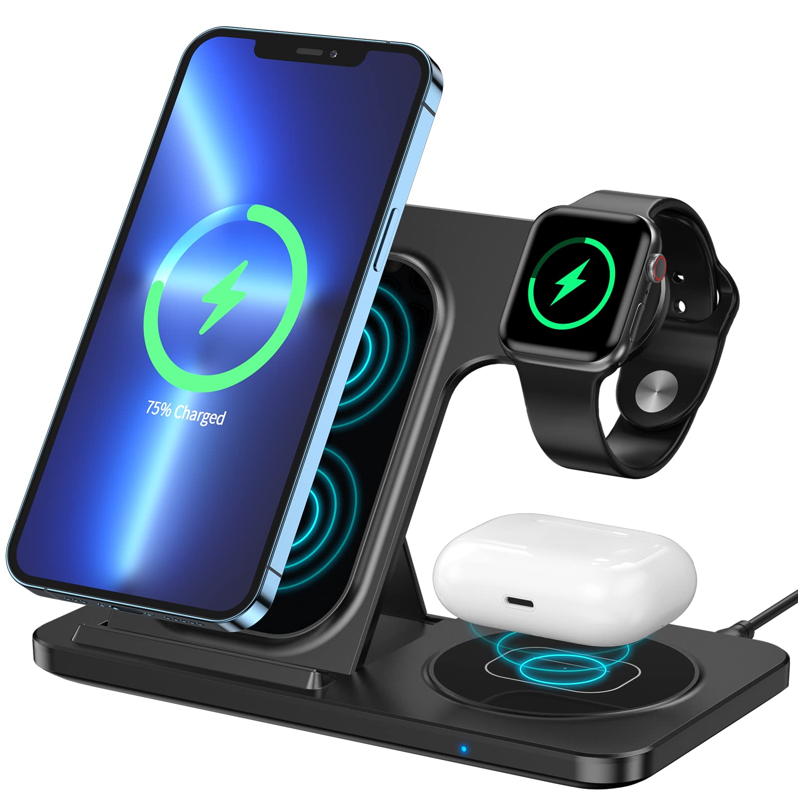 ایستگاه شارژ بی‌سیم 3 در 1 با توان 18 وات، سازگار با آیفون 15/14/13/12/11Pro/Max/XR/XS Max/X، اپل واچ 7/6/SE/5/4/3/2 و ایرپاد 2/پرو (آداپتور در این مجموعه موجود نمی‌باشد)