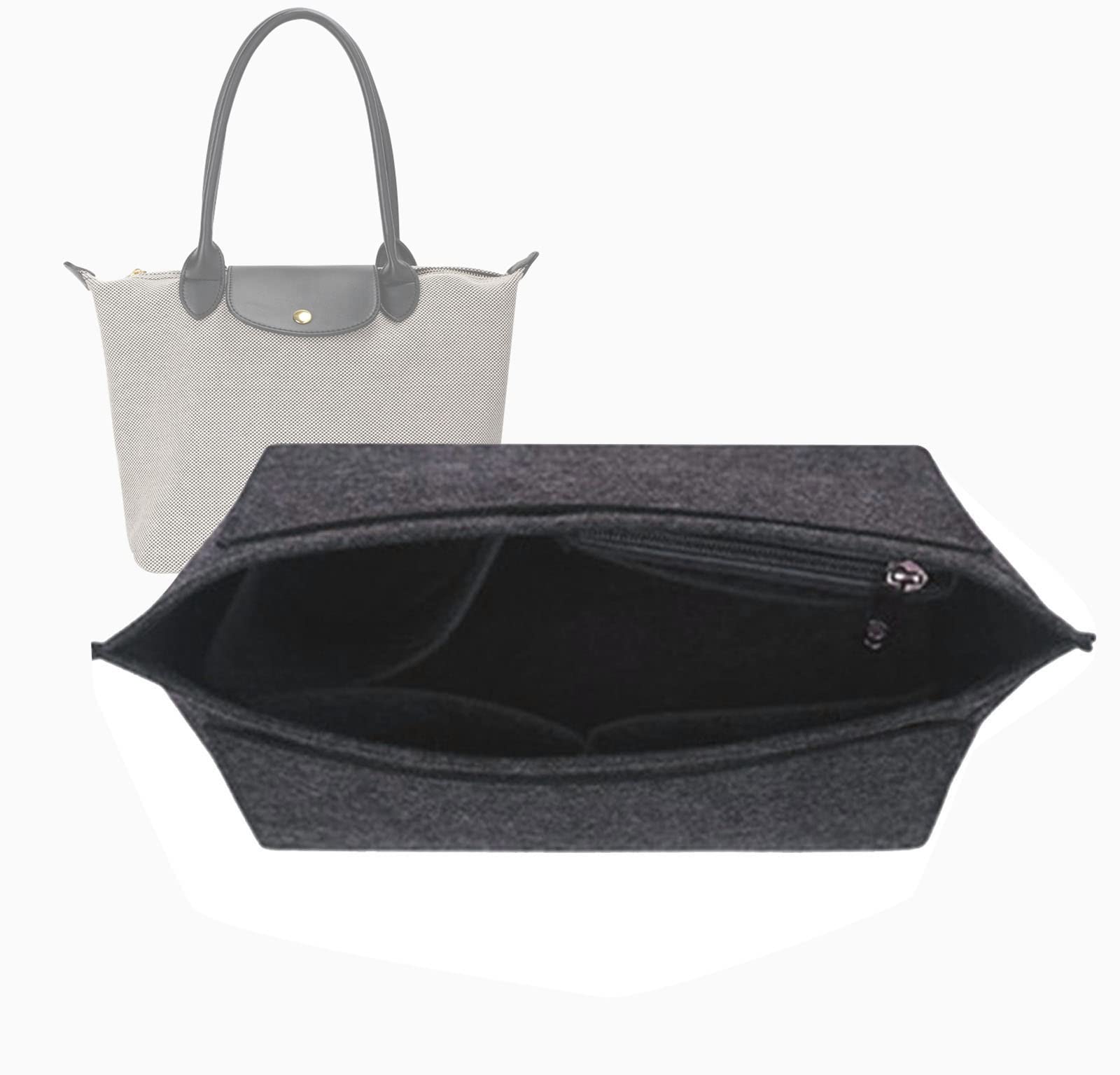 سازمان دهنده کیسه فلزی با زیپ برای کیسه بارانه بزرگ Longchamp le pliage وسیع Lckaey 1028، خاکستری تیره سایز M/12.8 * 4.9 * 7.8 اینچ، مدل AG M - خاکستری تیره
